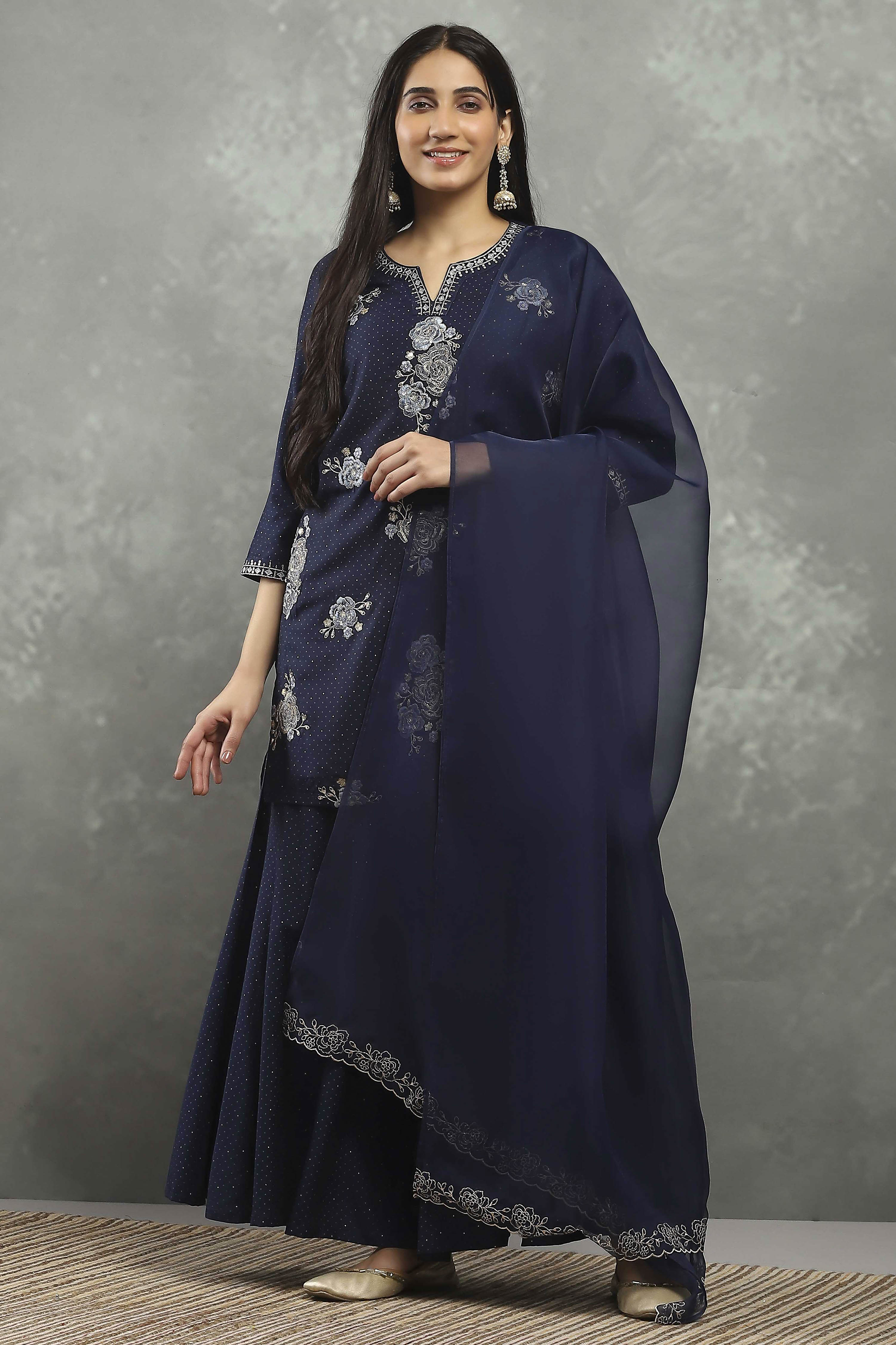 Indigo Blue Viscose Blend Printed Straight Sharara Suit Set image number 6