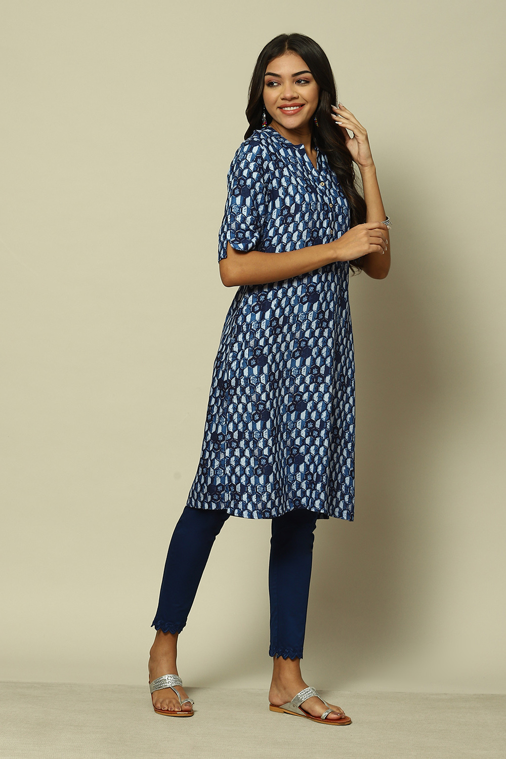 Indigo Blue Viscose Straight Printed Kurta image number 3