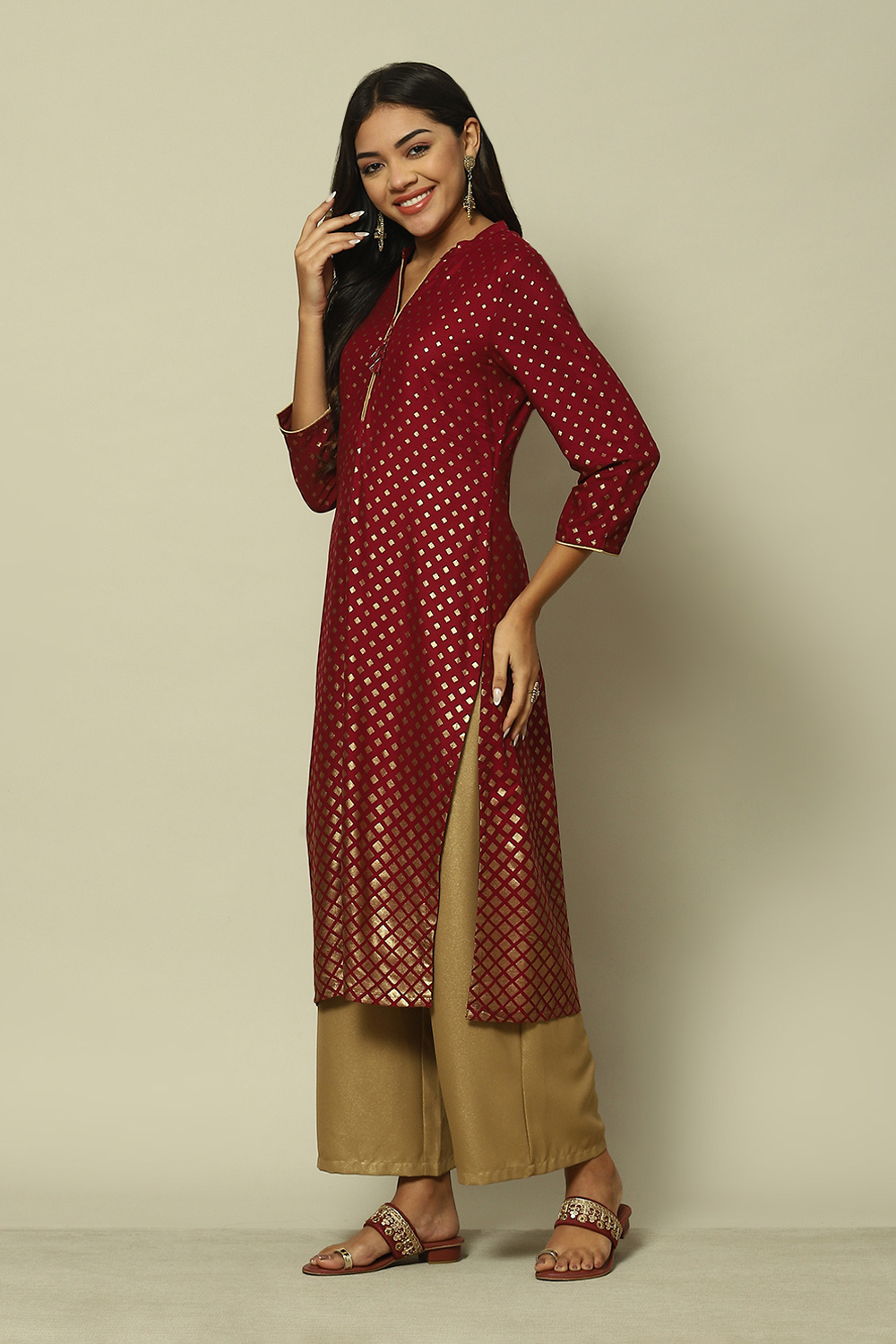 Maroon LIVA Straight Printed Kurta image number 2