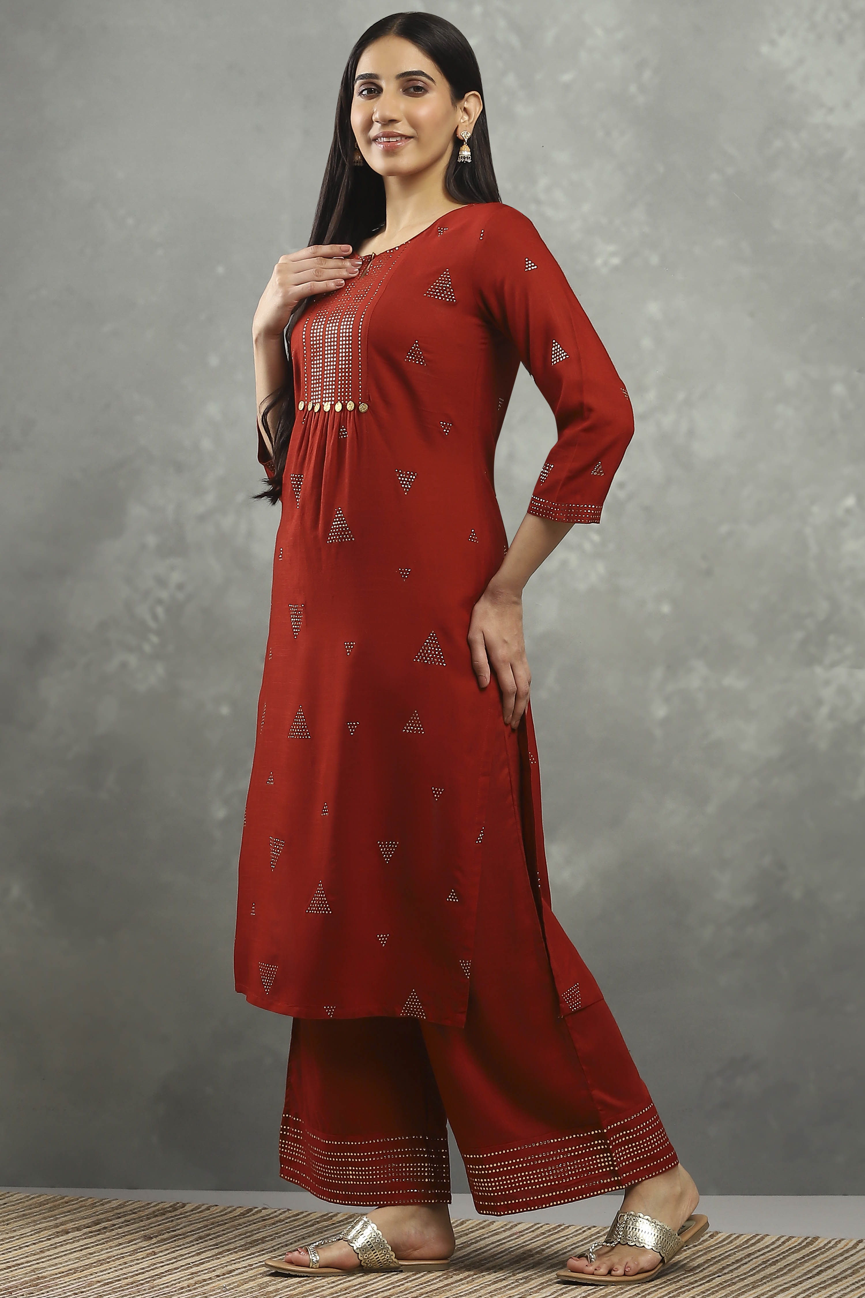 Rust Viscose Straight Kurta Pants Set image number 3