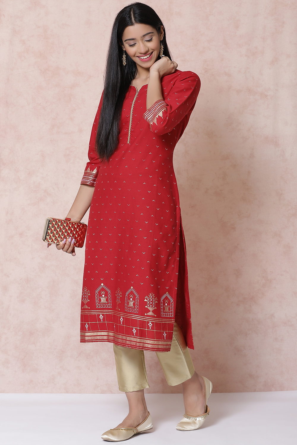 Red Cotton Flex Straight Kurta image number 0