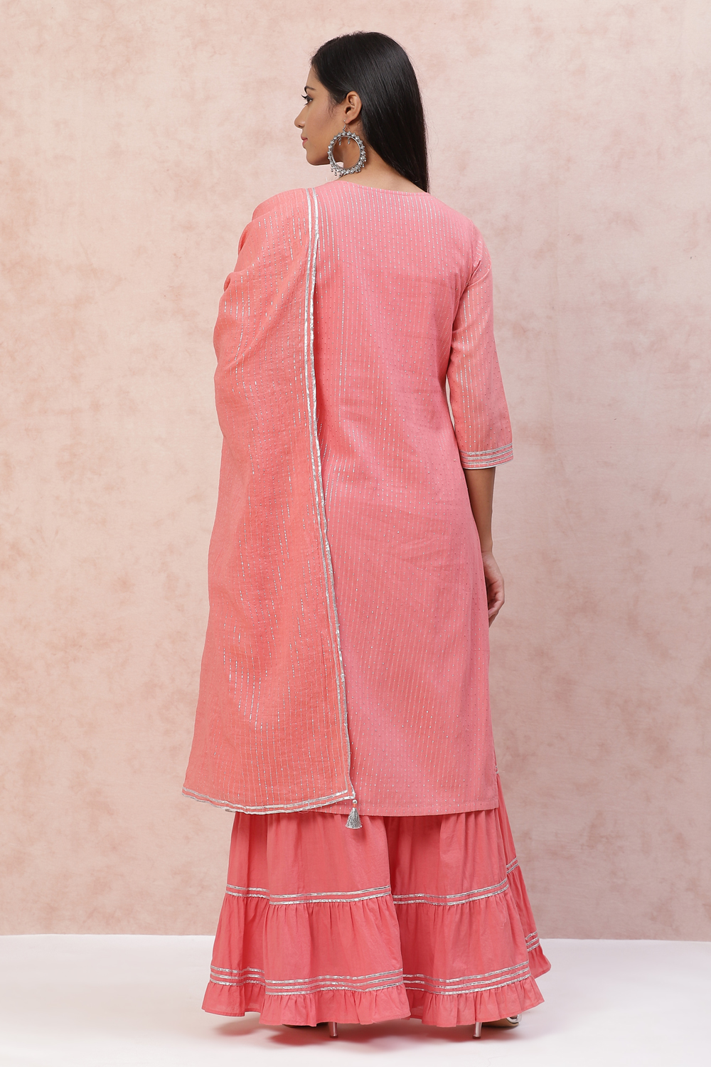 Peach Cotton Lurex Straight Suit Set image number 6