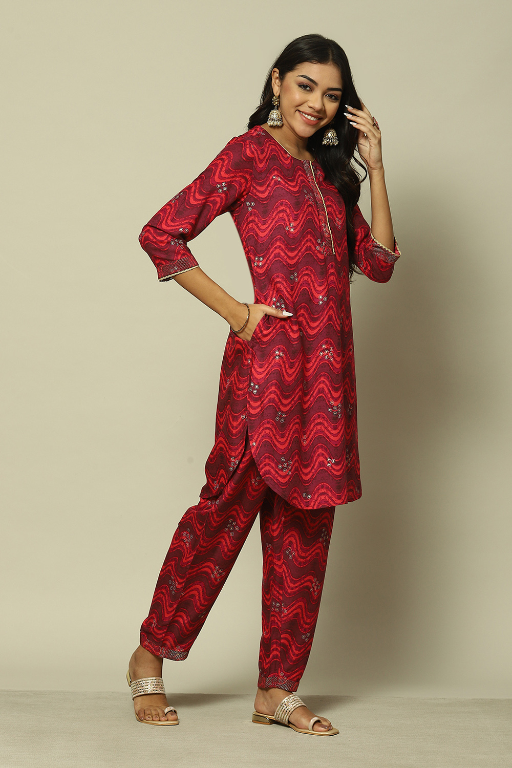 Wine LIVA Straight Printed Kurta Palazzo Suit Set image number 5