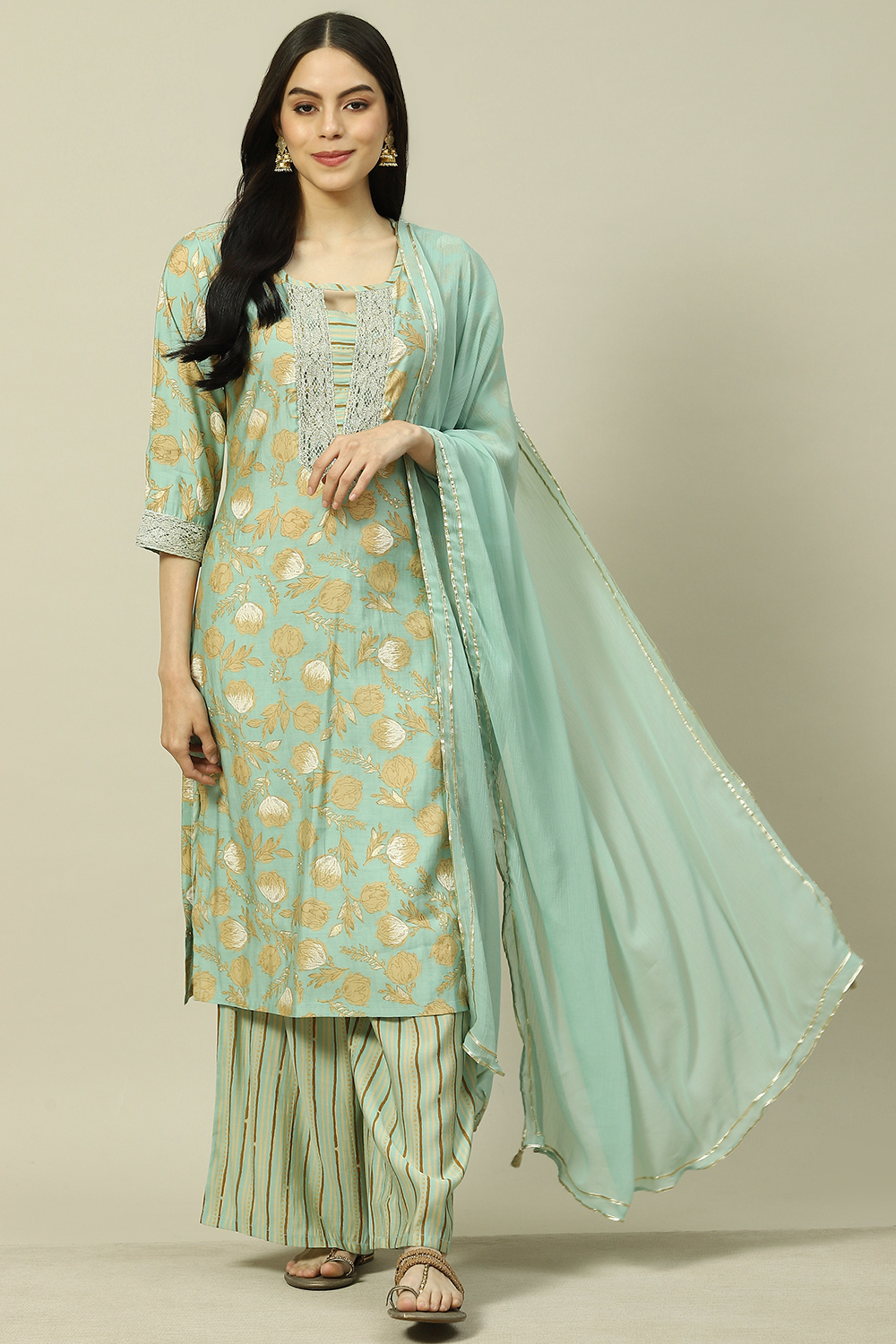Light Blue Cotton Blend Woven Straight Kurta Suit Set image number 0