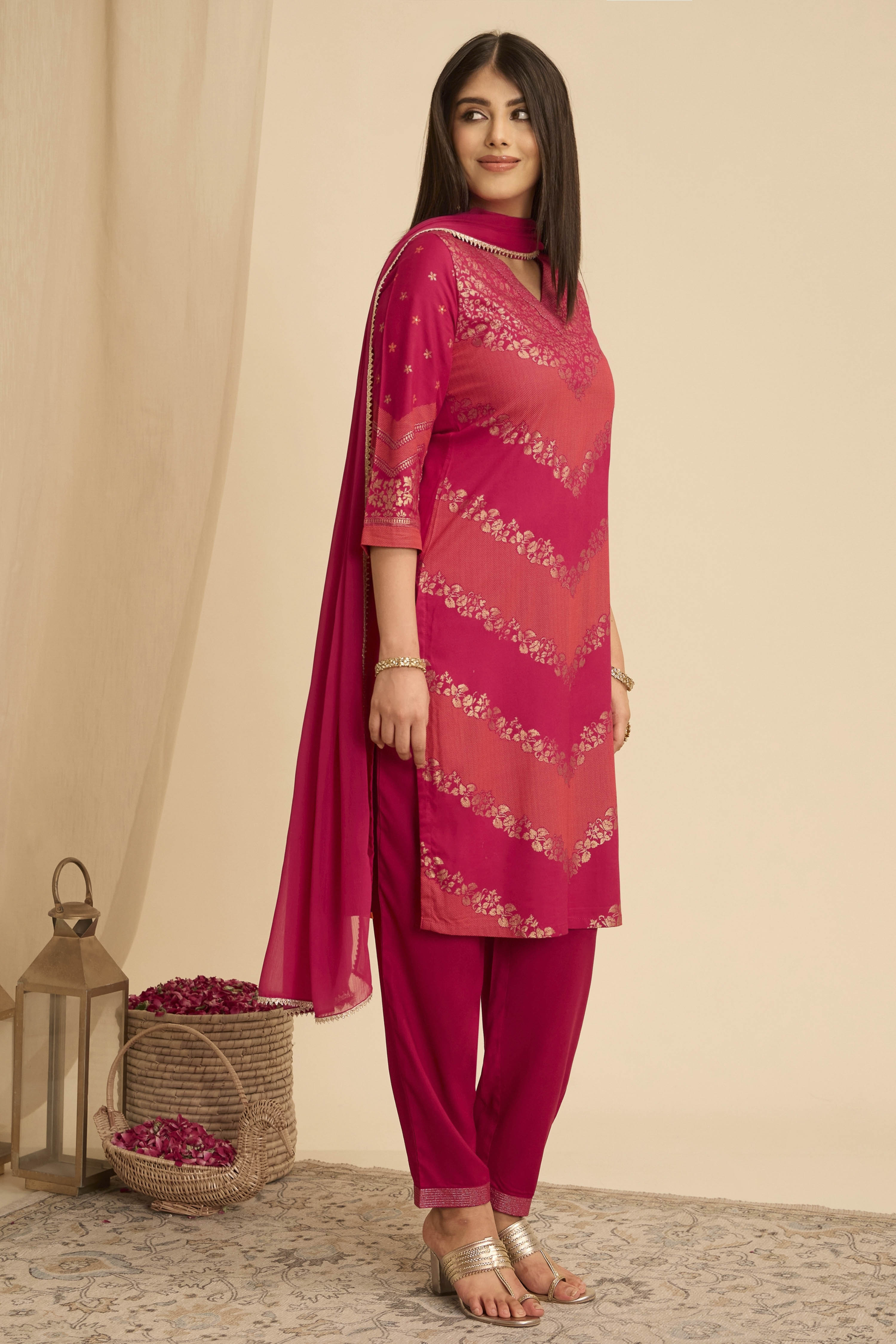 Brown Viscose Rayon Straight Printed  image number 3