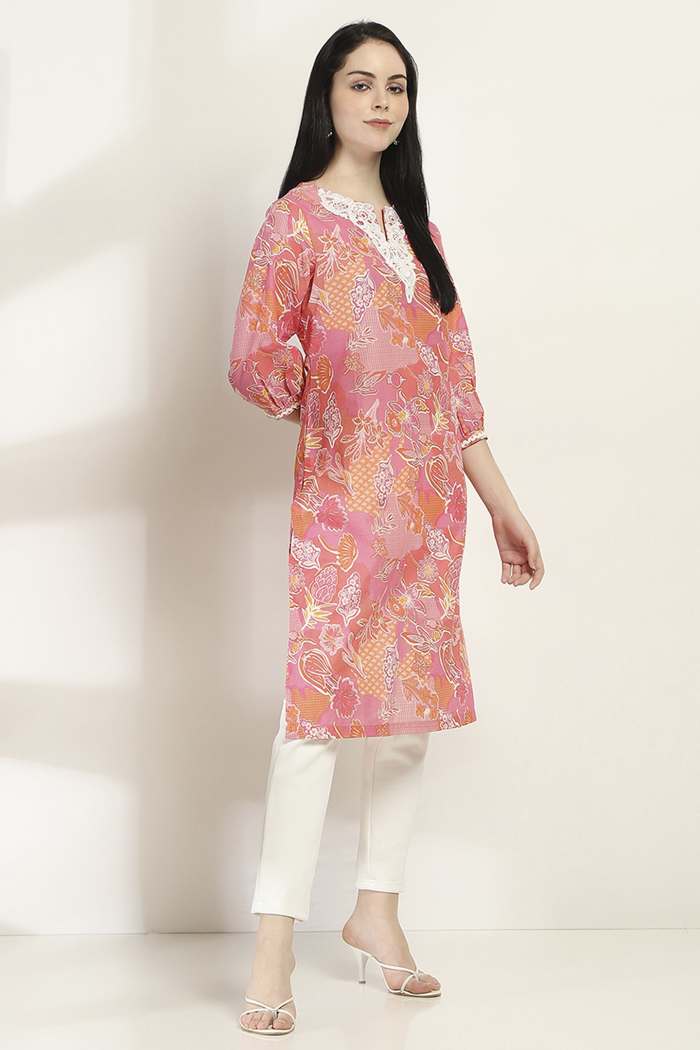 Pink Cotton Straight Kurta image number 4