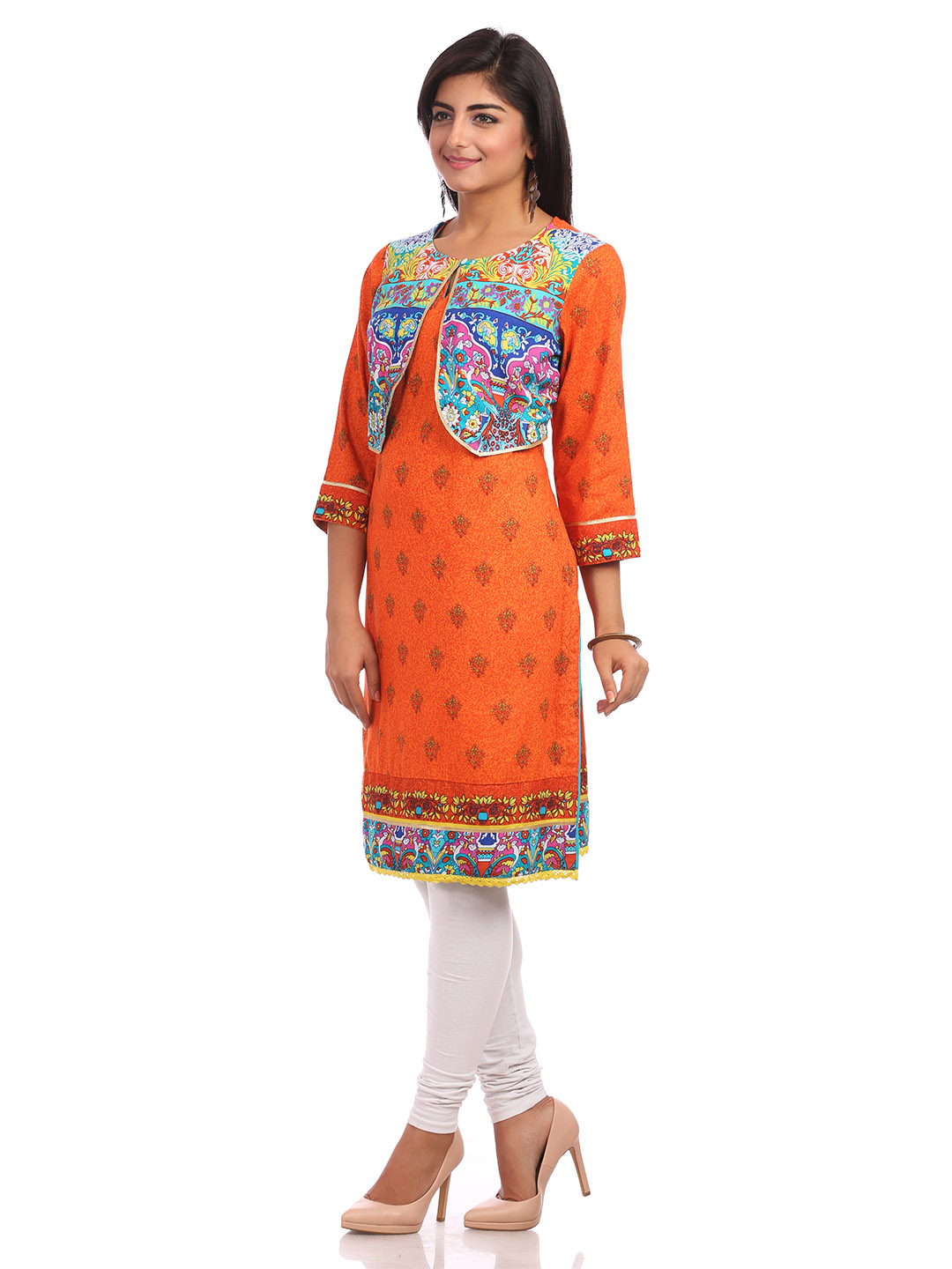 Blue & Orange Straight Cotton Kurta image number 3