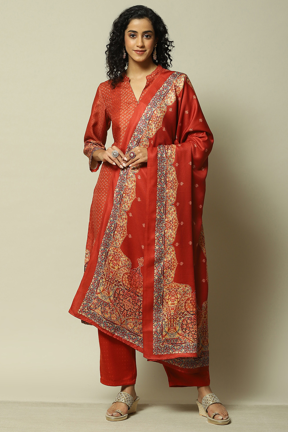 Rust Polyester Straight Printed Kurta Palazzo Suit Set image number 7