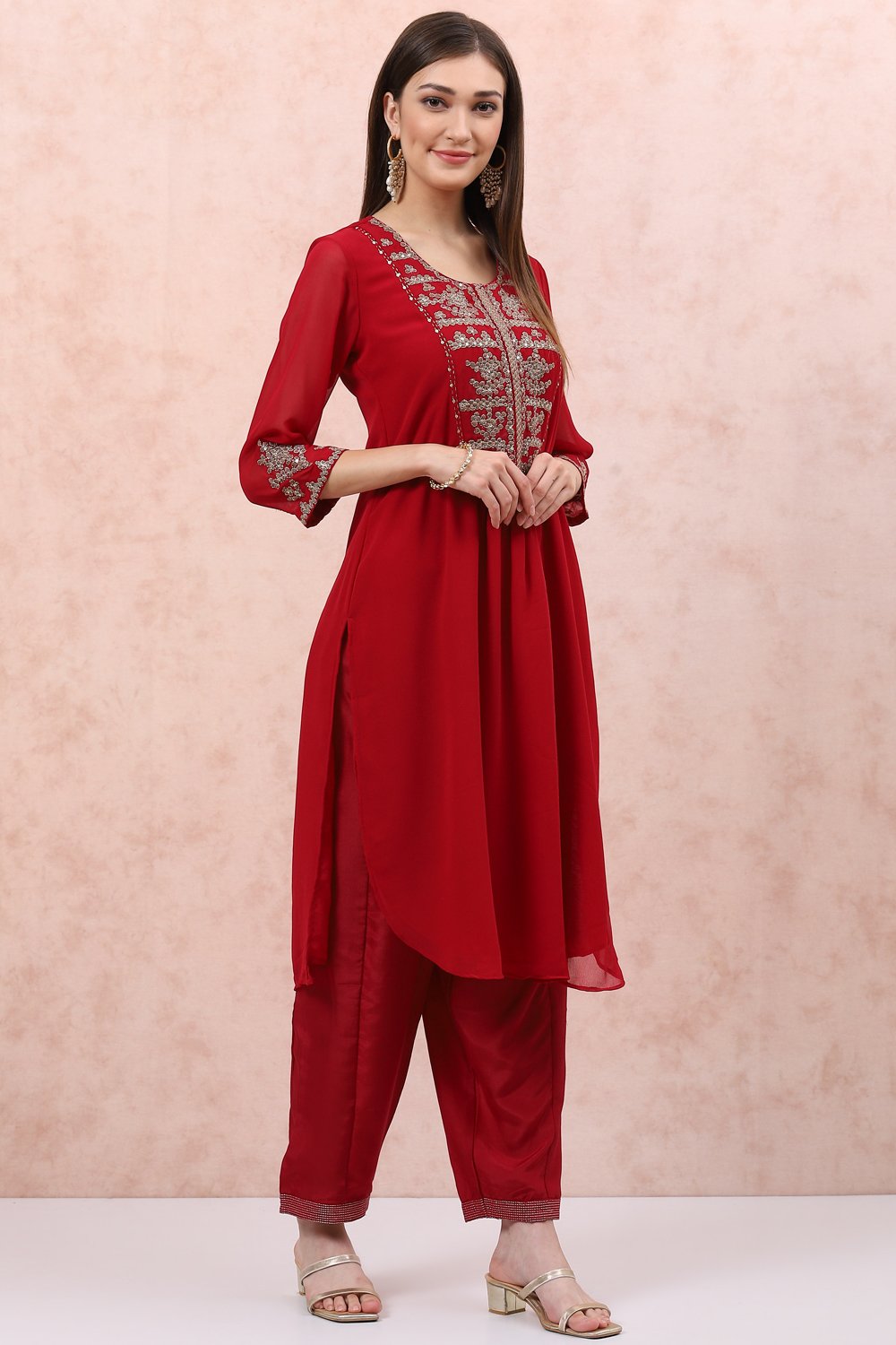 Red Art Silk Straight Suit Set image number 3