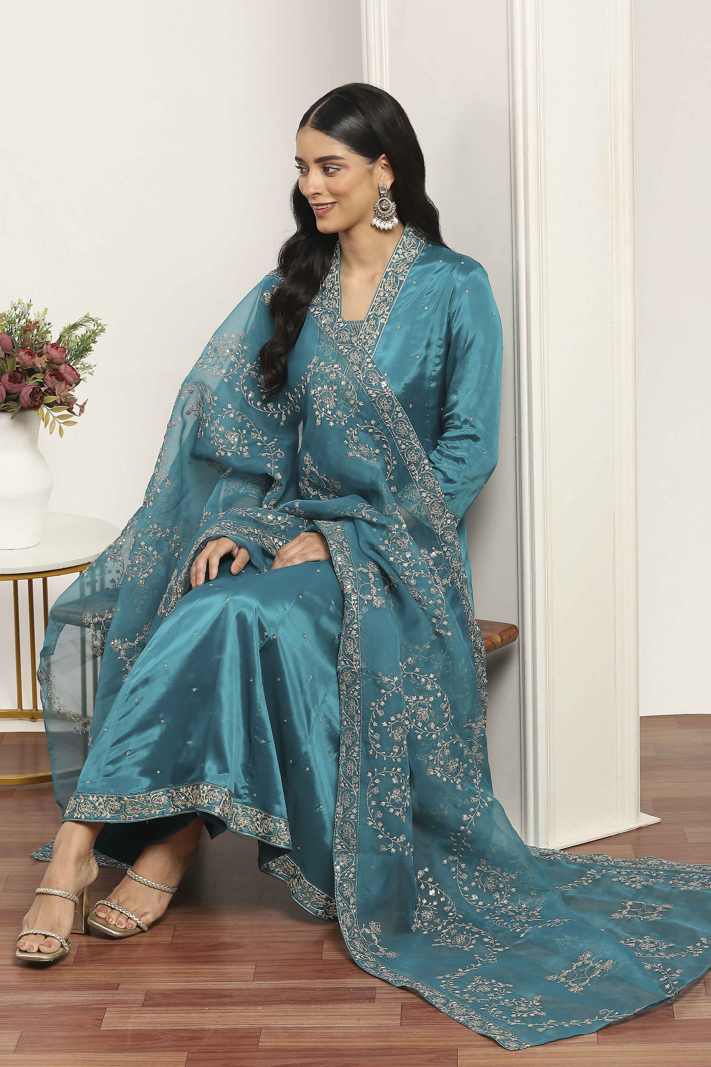Teal Viscose Rayon Kalidar Suit Set image number 0