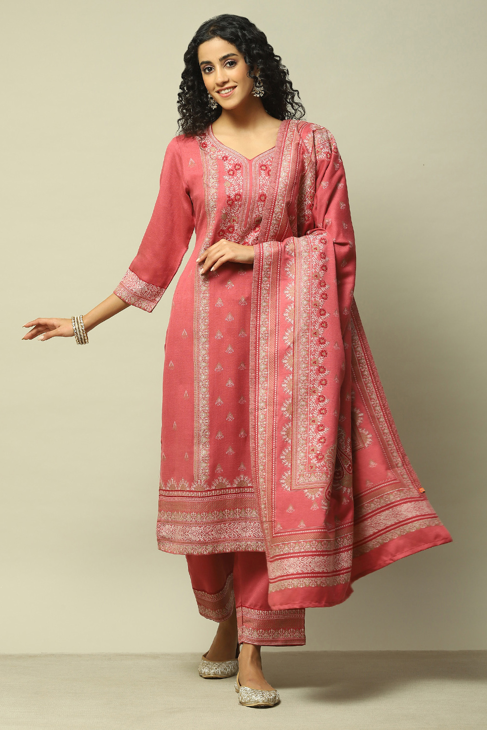 Coral Poly Viscose Straight Yarndyed Kurta Palazzo Suit Set image number 7