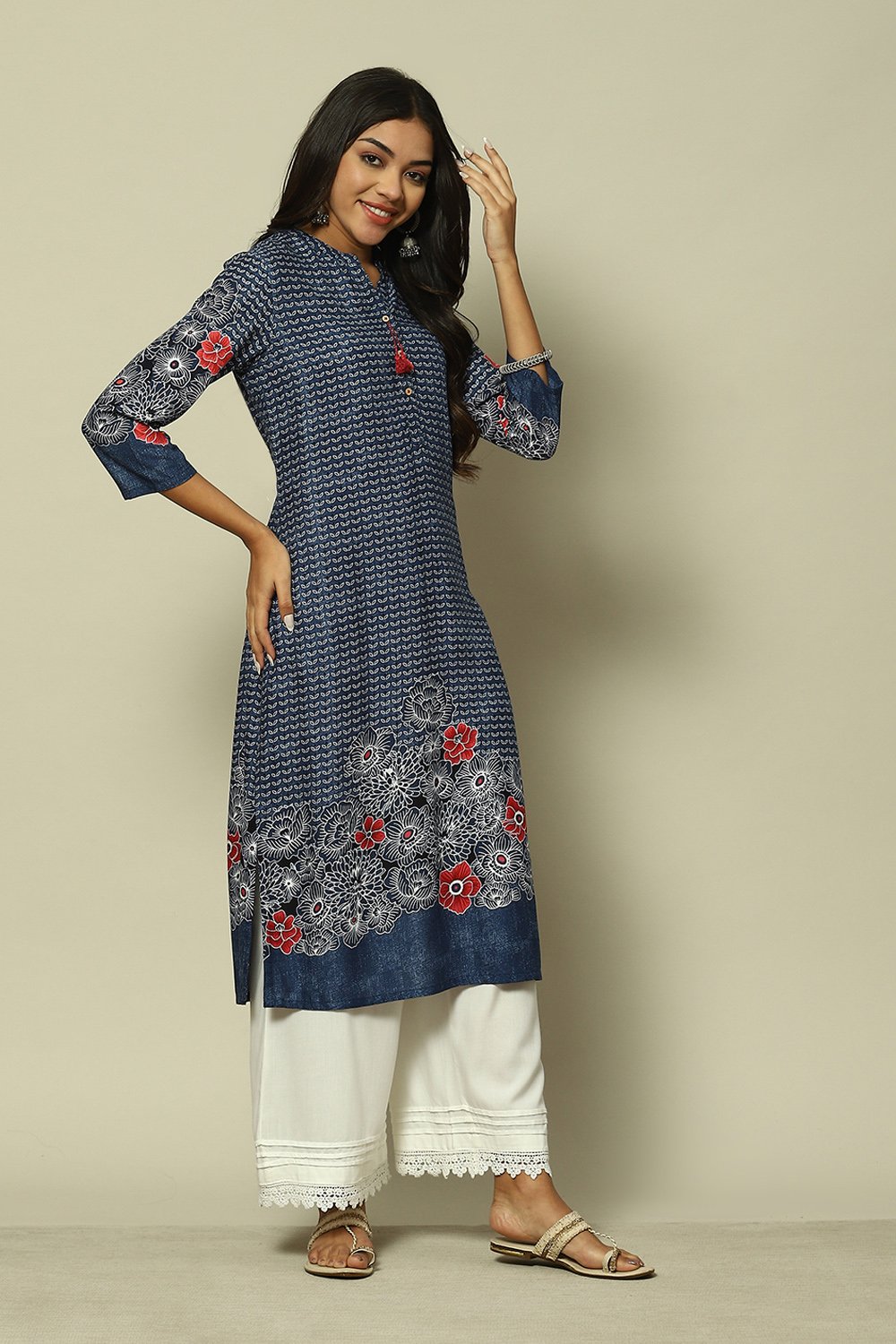 Indigo Blue LIVA Straight Printed Kurta image number 3