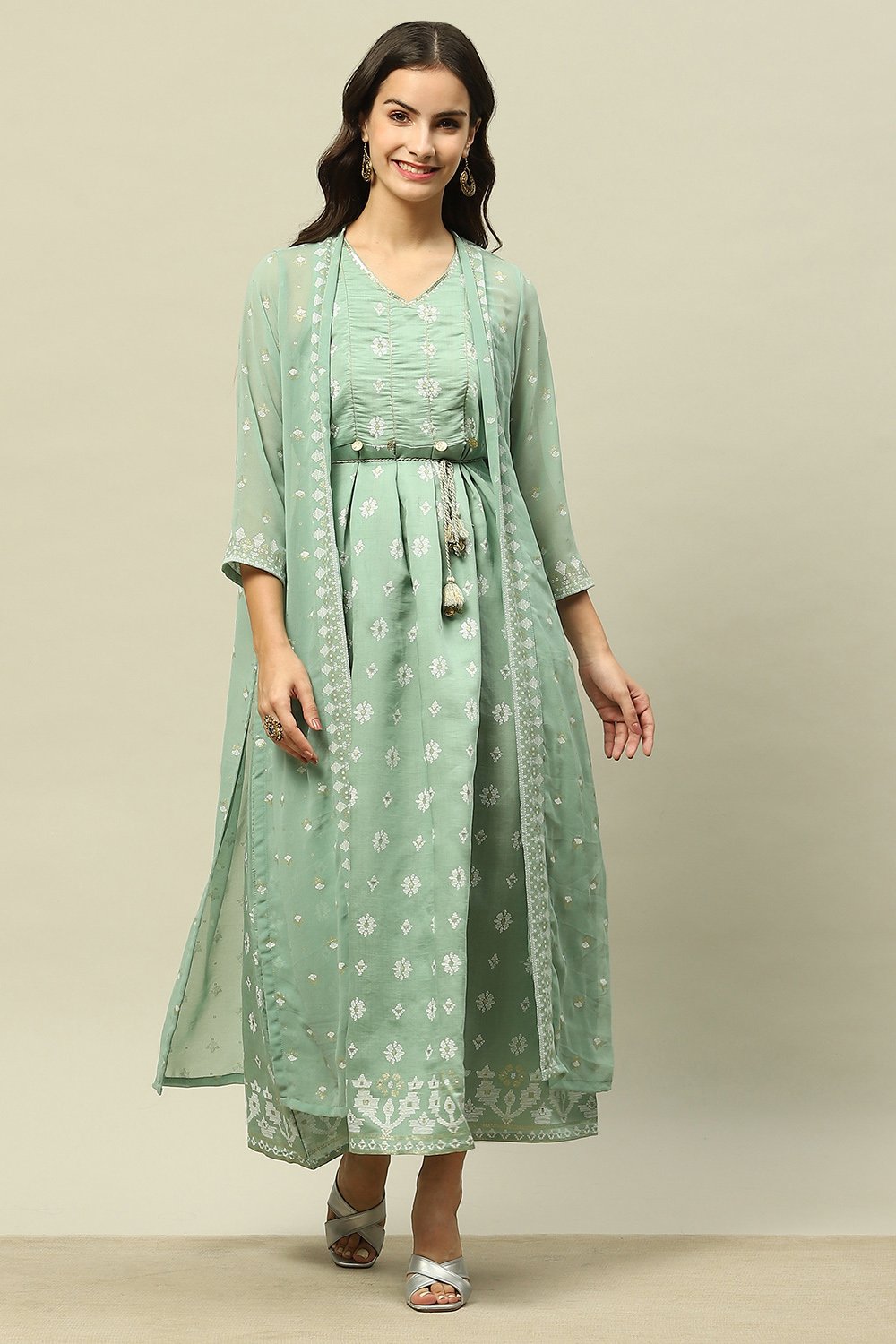 Green Viscose Blend Printed Dress image number 0