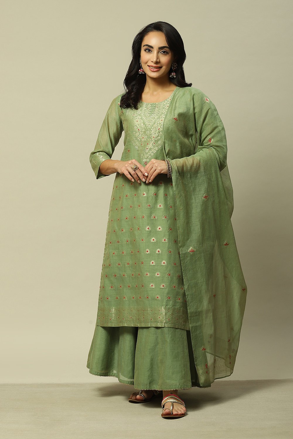 Green Polyester Straight Yarndyed Kurta Palazzo Suit Set image number 7