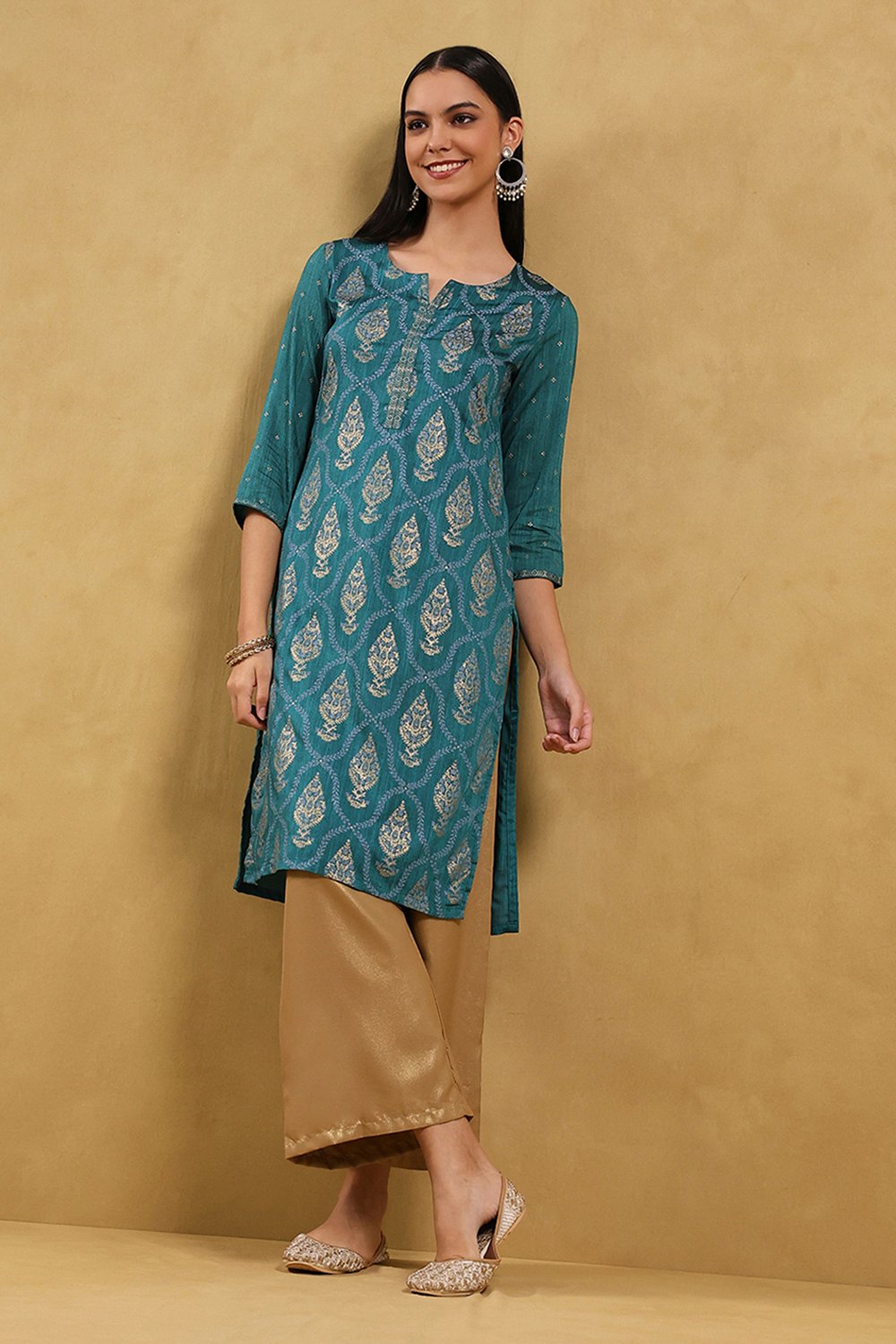 Teal Viscose Blend Printed Straight Kurta image number 1