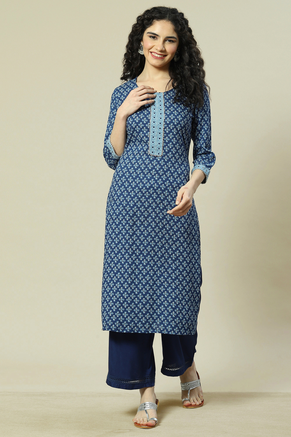 Indigo LIVA Woven Straight Kurta Suit Set image number 6