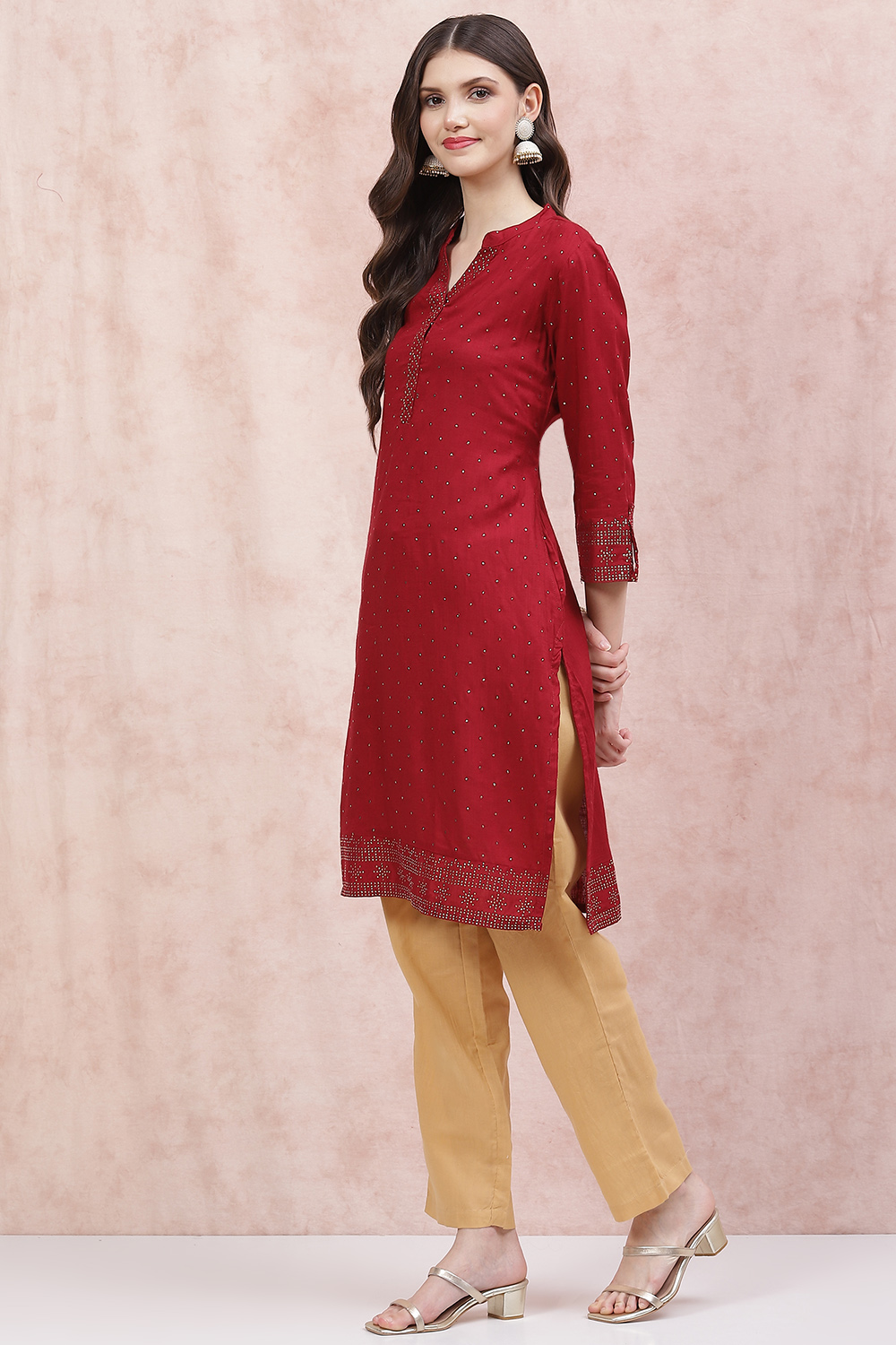 Maroon LIVA Straight Kurta image number 2