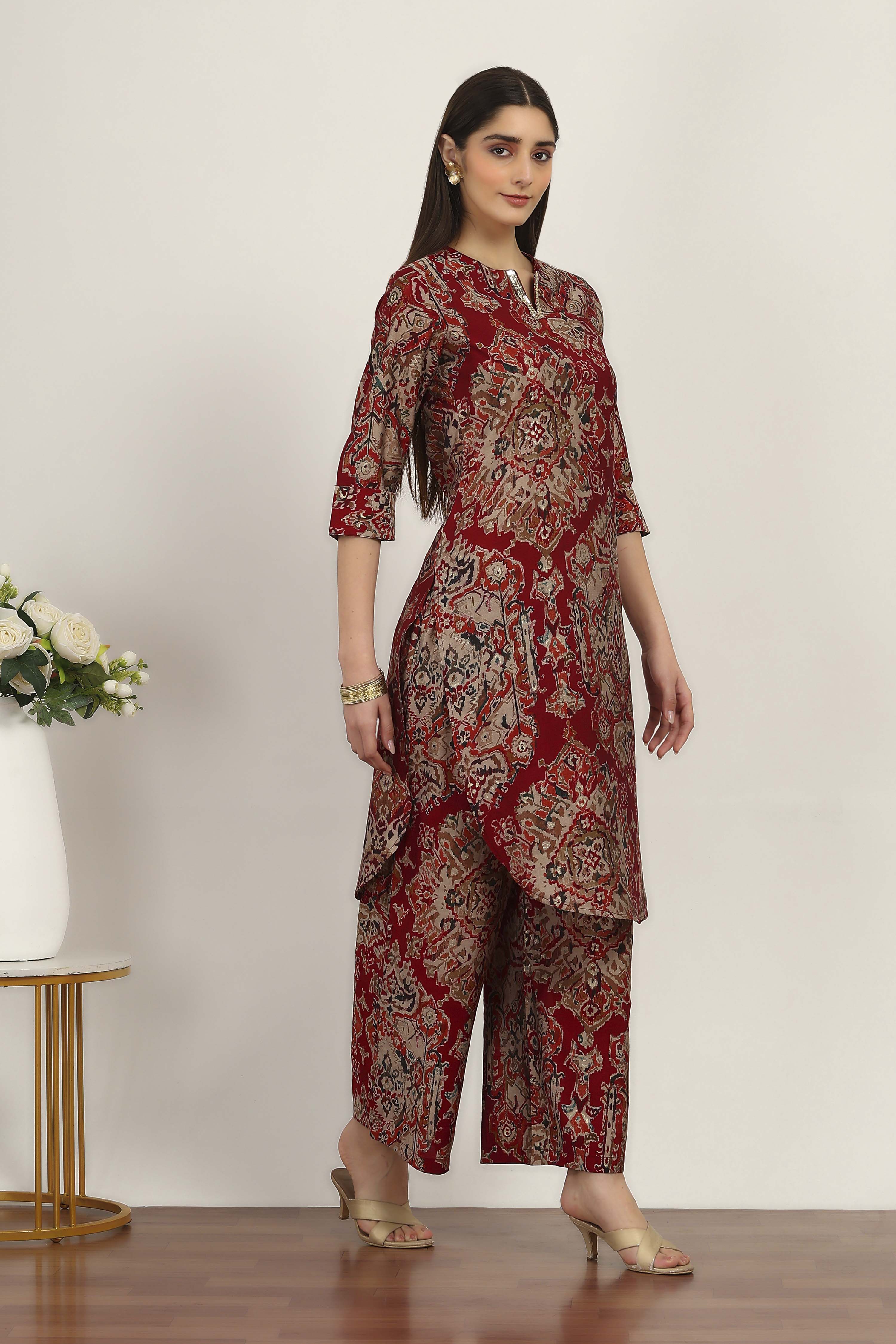 Red Viscose Polyester Viscose Rayon Kurta Pants Set image number 5