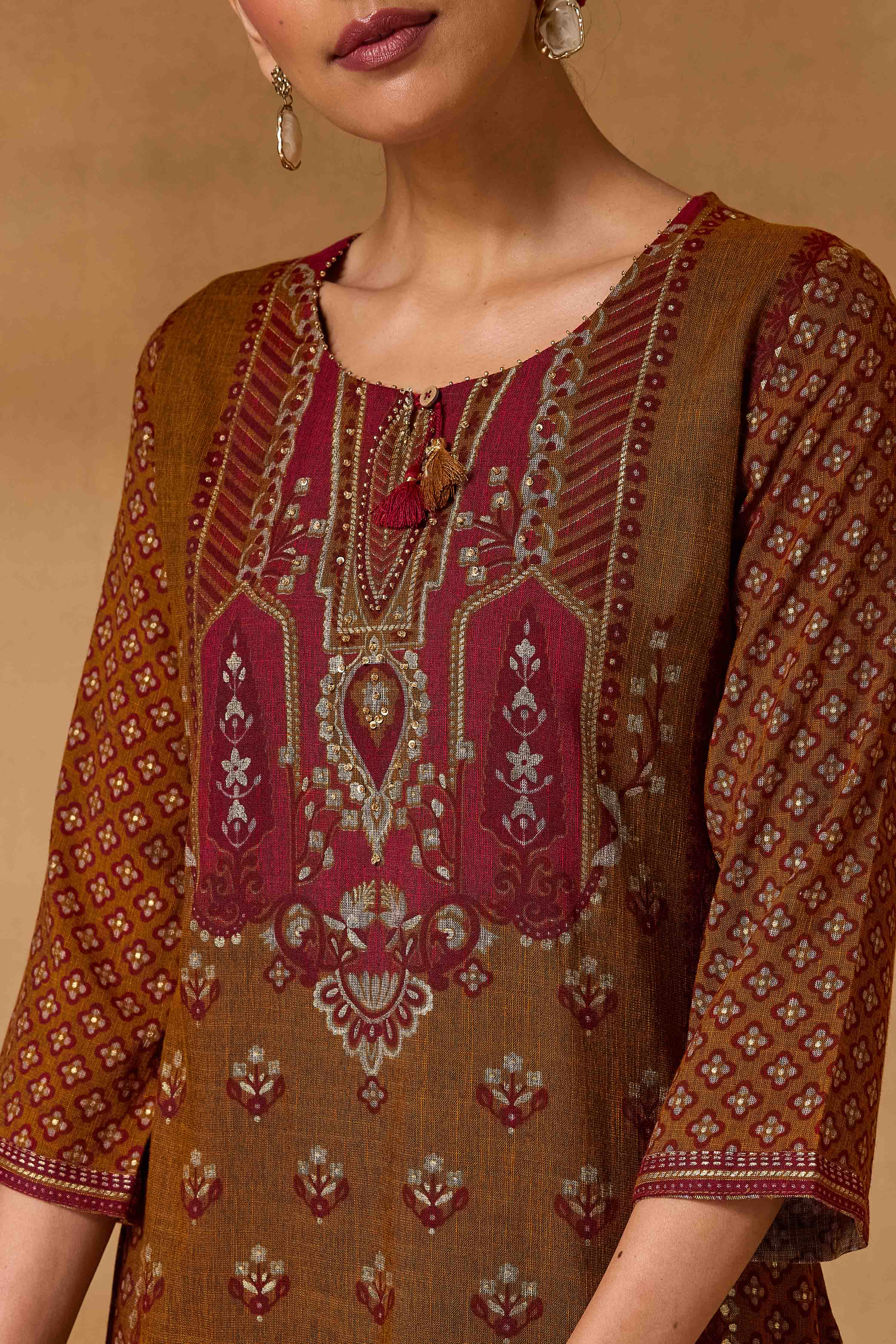 Mustard Viscose Blend Straight Printed Suit Set image number 1