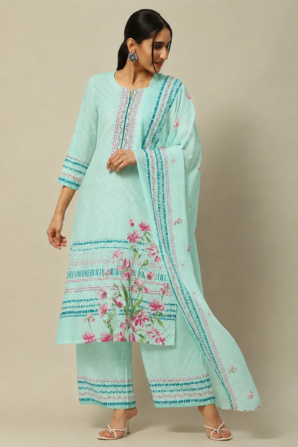 Aqua Rayon Straight Printed Suit Set image number 0