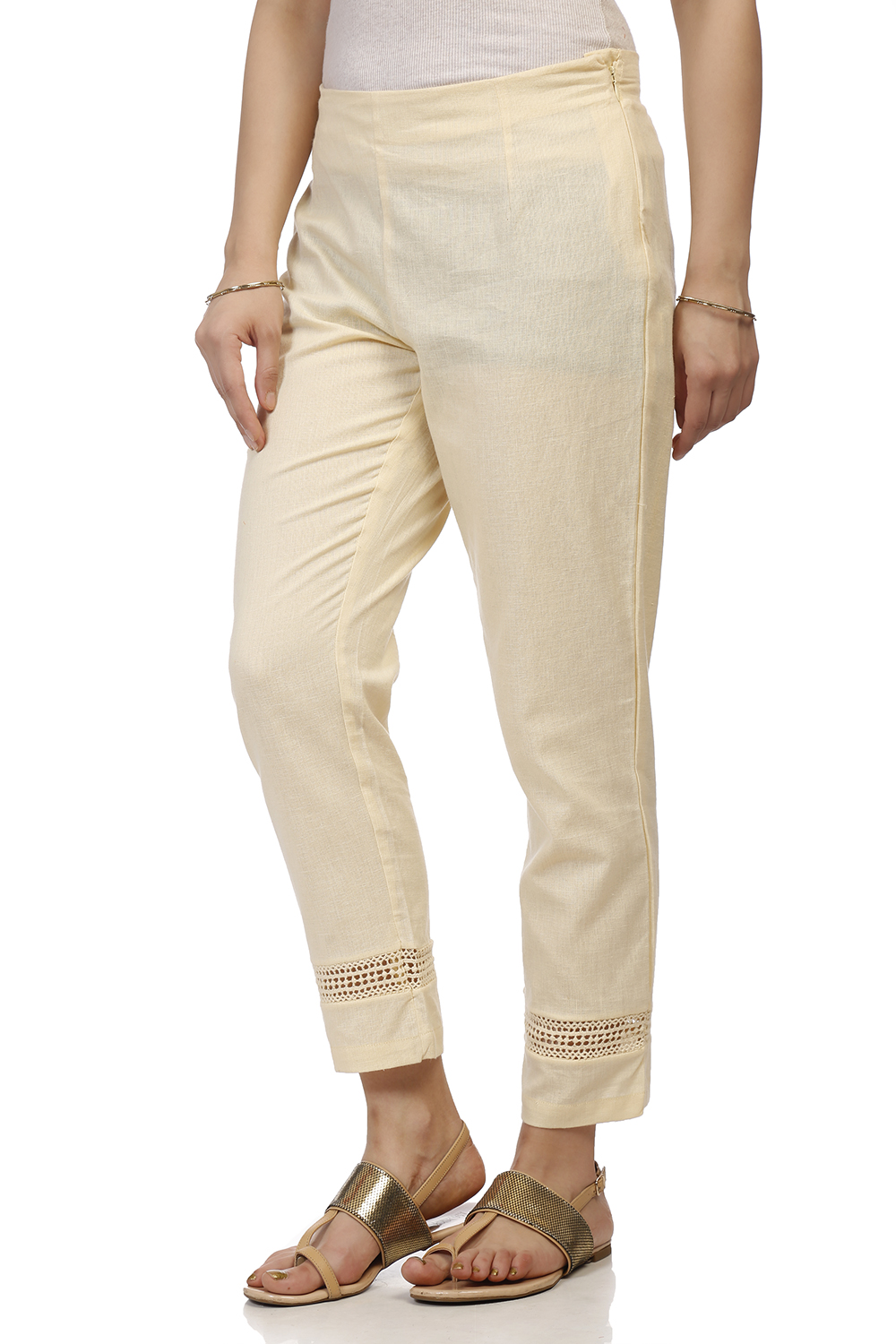 Beige Cotton Slim Pants image number 2
