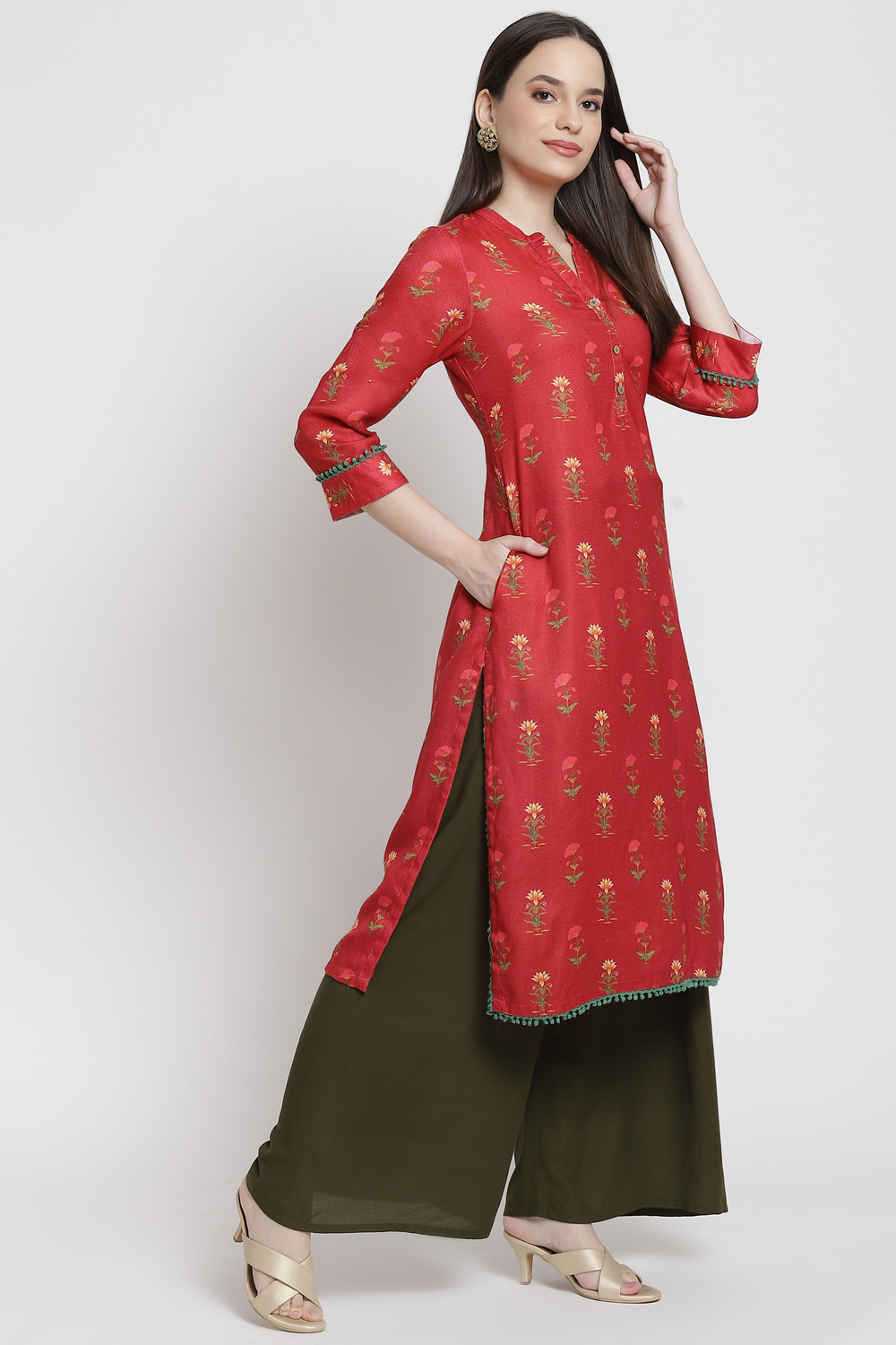 Red Poly Cotton Straight Kurta image number 2