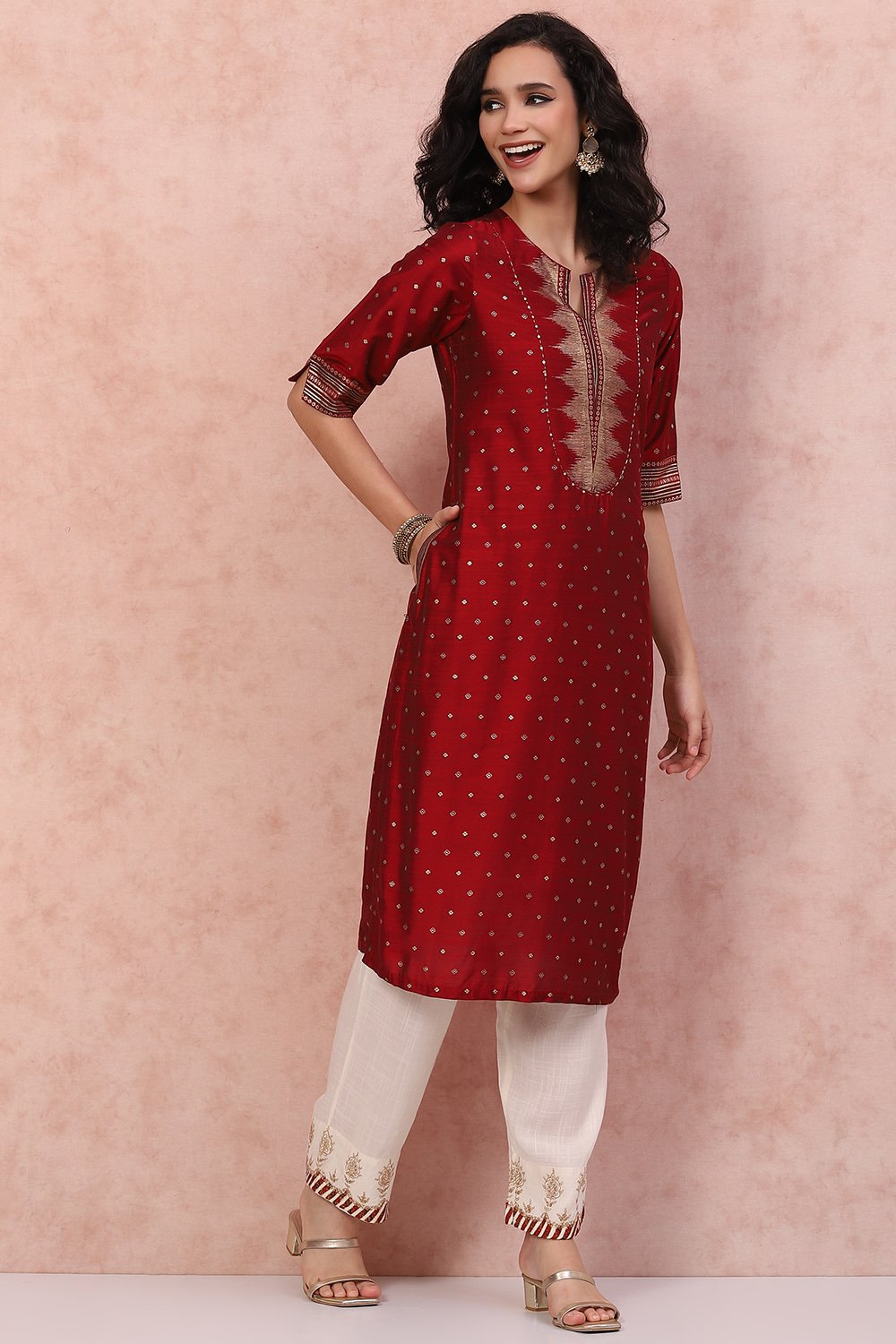 Red Art Silk Straight Kurta image number 3