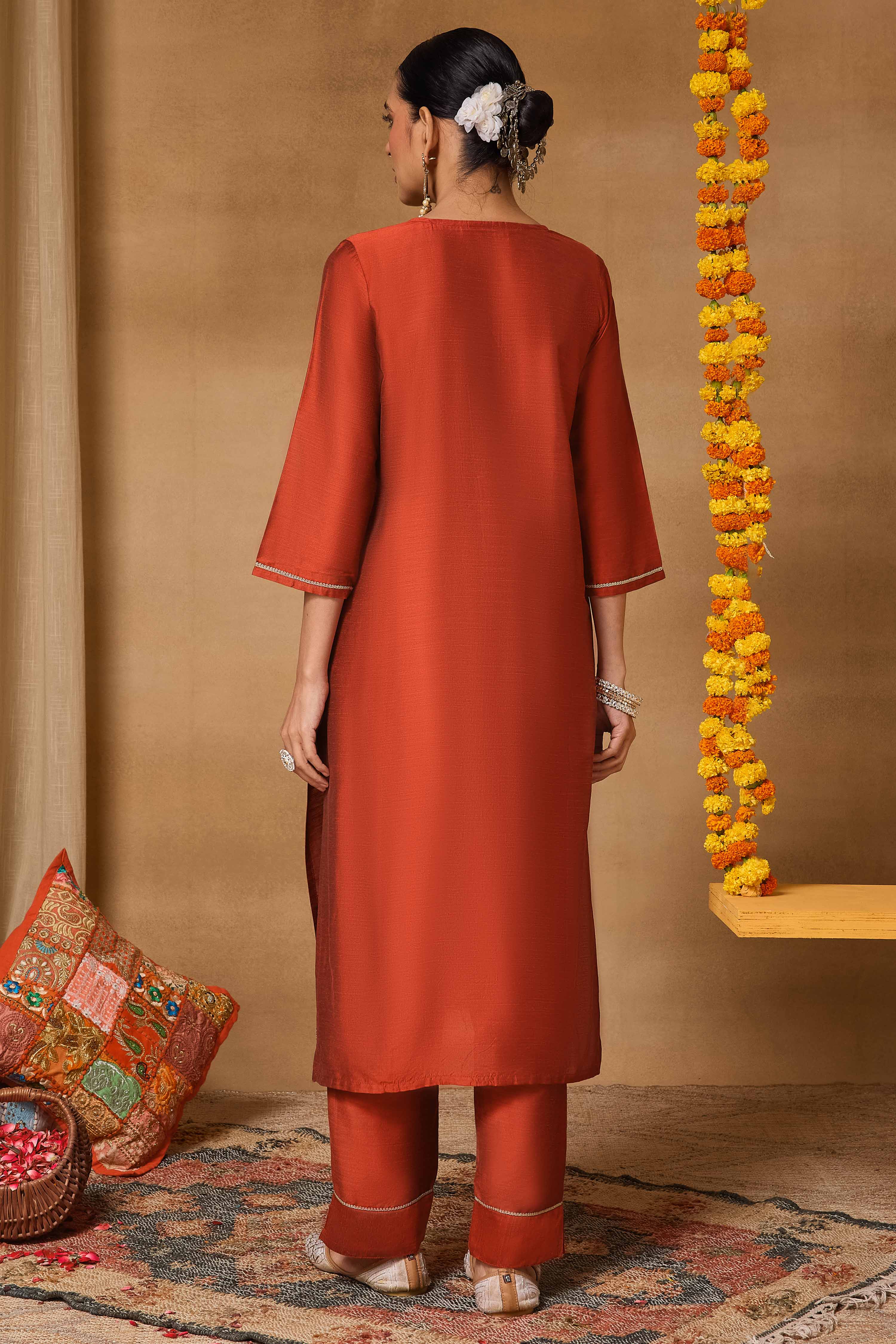 Rust Viscose Blend Straight Solid Suit Set image number 5