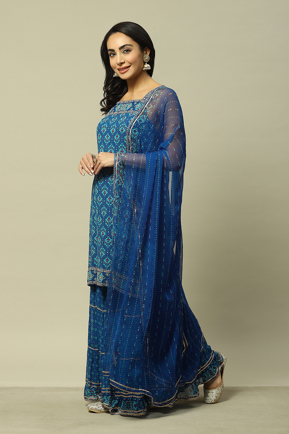 Blue Polyester Straight Printed Kurta Sharara Suit Set image number 4
