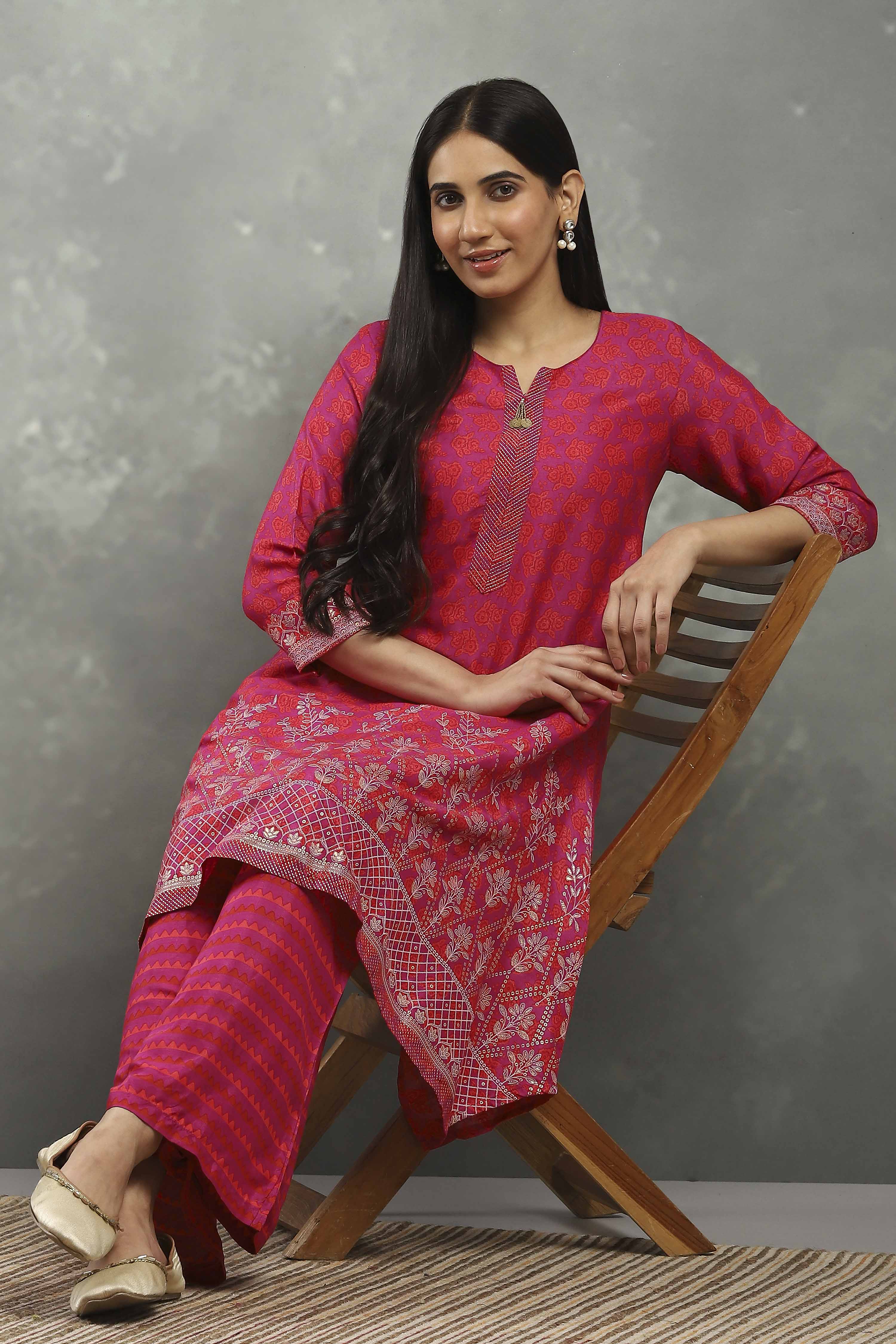 Purple Viscose Straight Kurta Pants Set image number 0