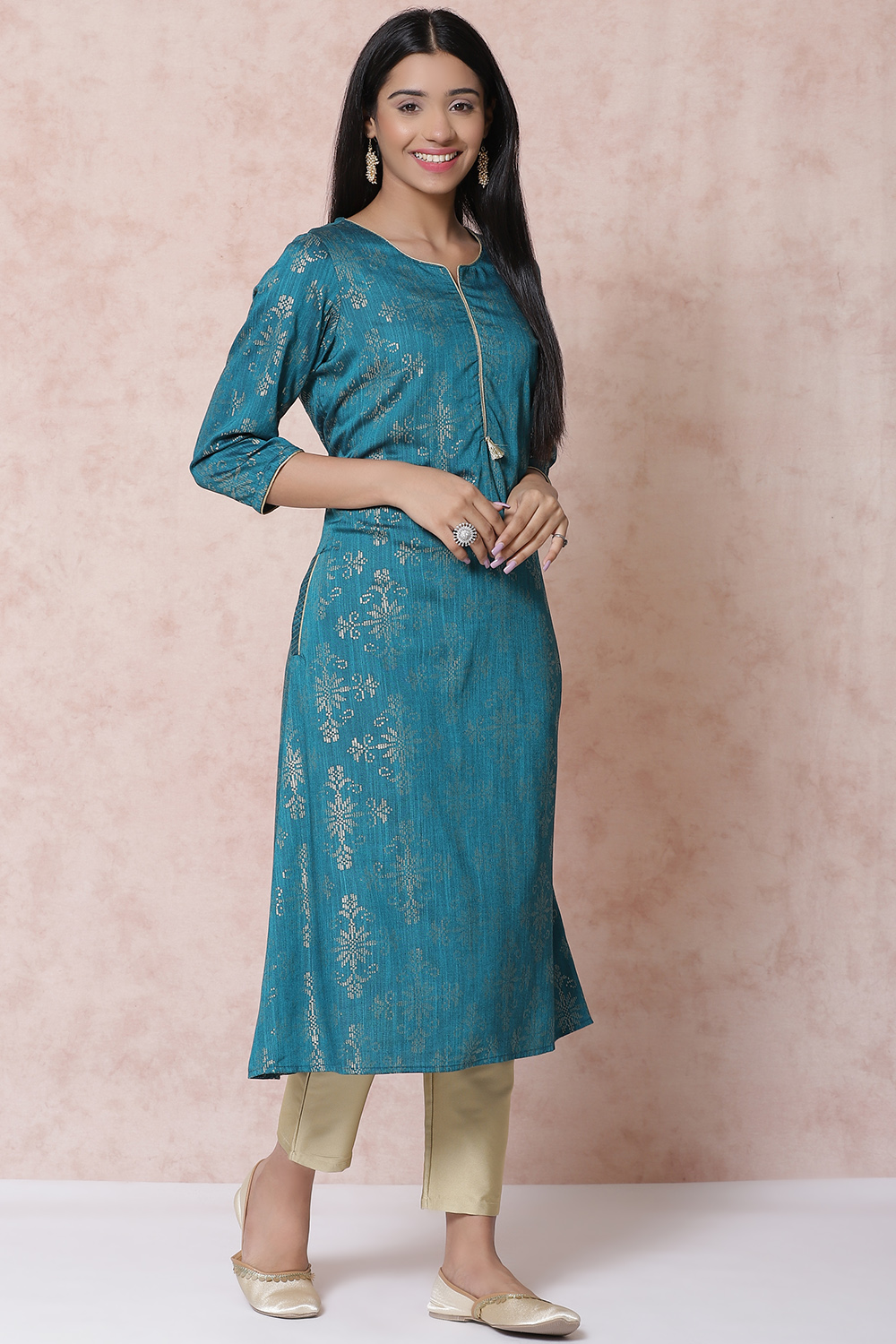 Teal Green LIVA A Line Kurta image number 2