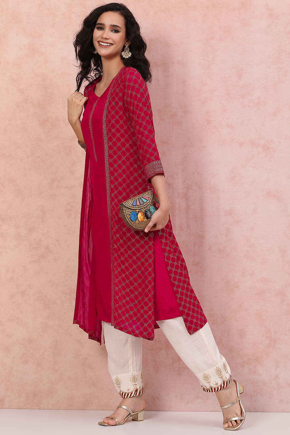 Fuchsia Art Silk Shrug Style Kurta image number 5