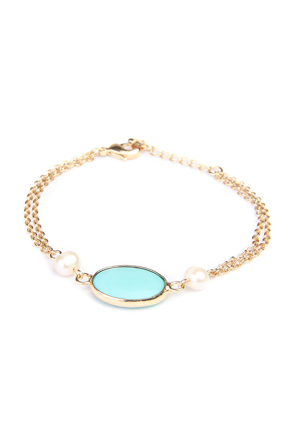 Oval Turquiose And Pearl With Golden Chain Bracelet image number 1