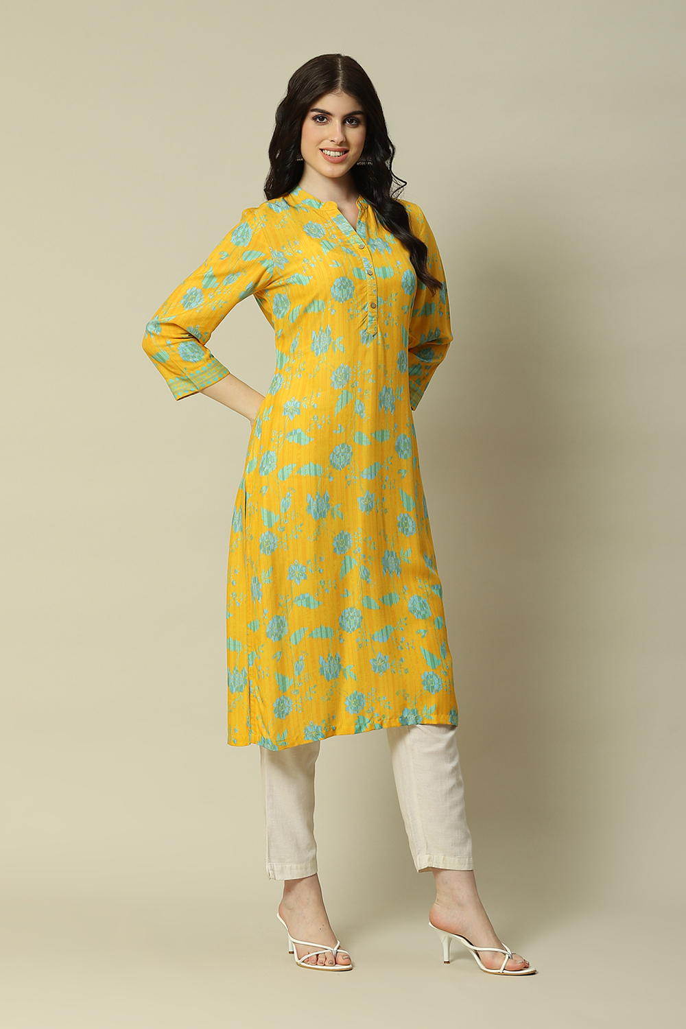 Mustard LIVA Straight Printed Kurta image number 3