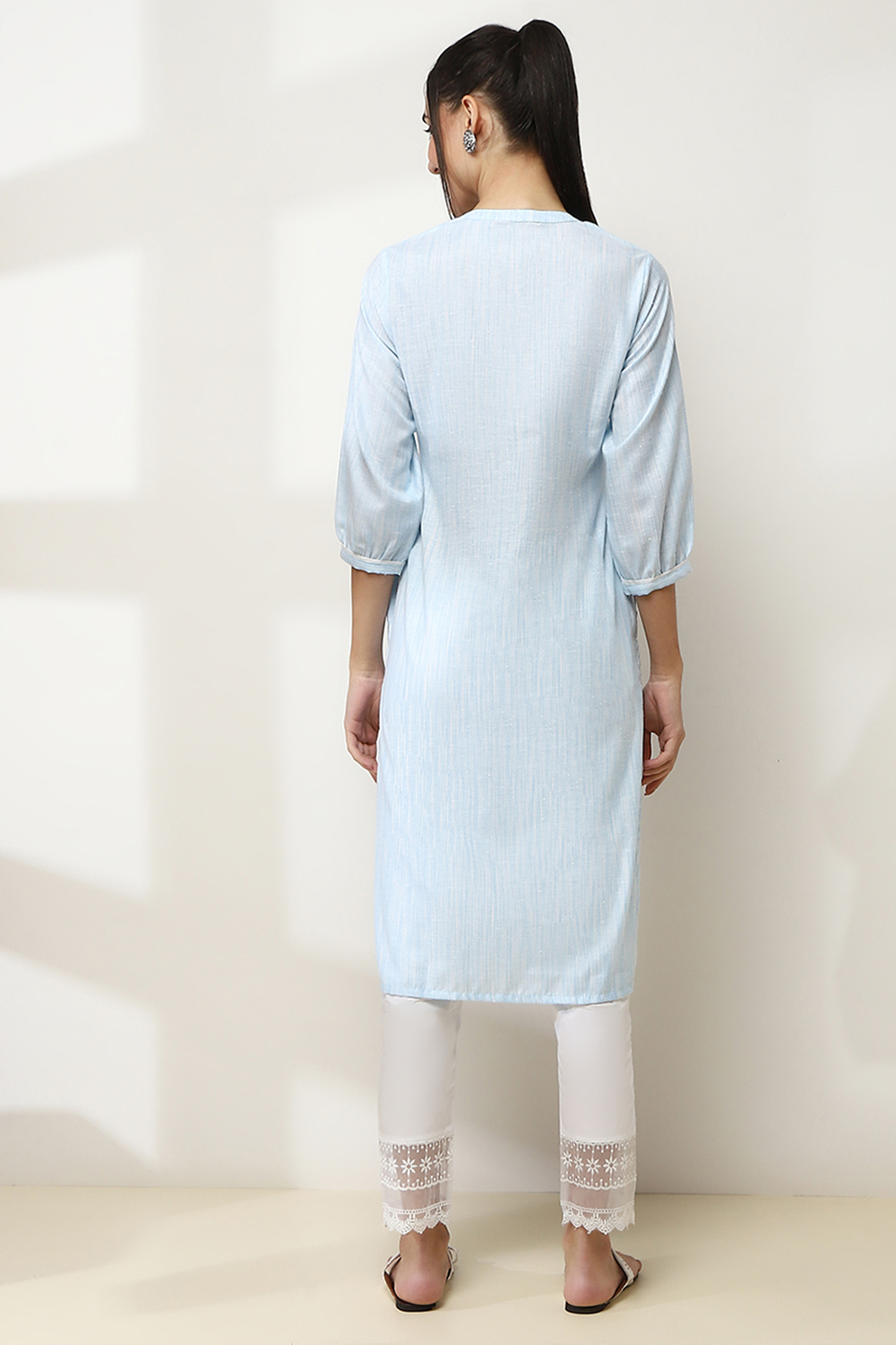 Blue Cotton Yarn-Dyed Straight Kurta image number 3