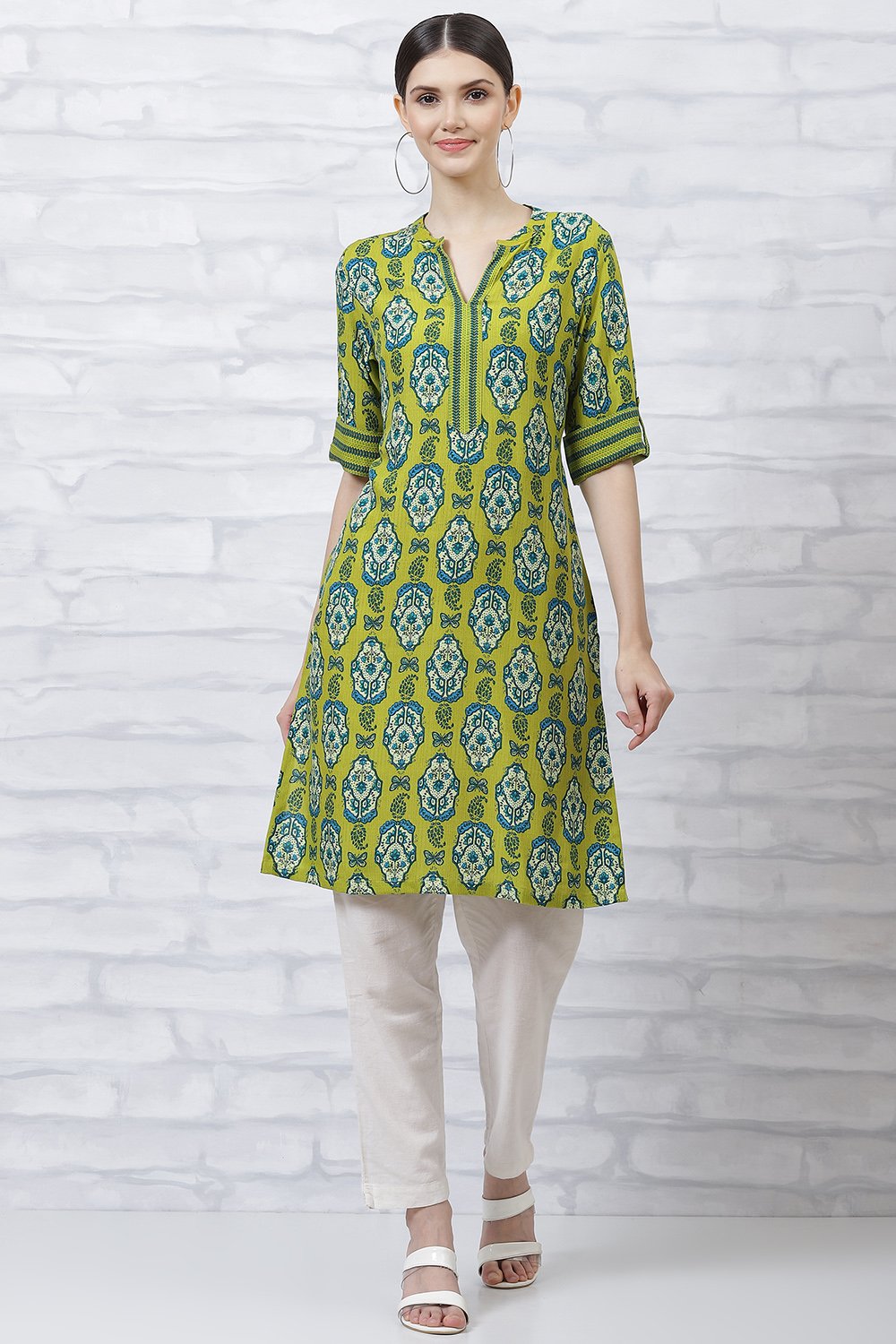 Lime Green LIVA Straight Kurta image number 5