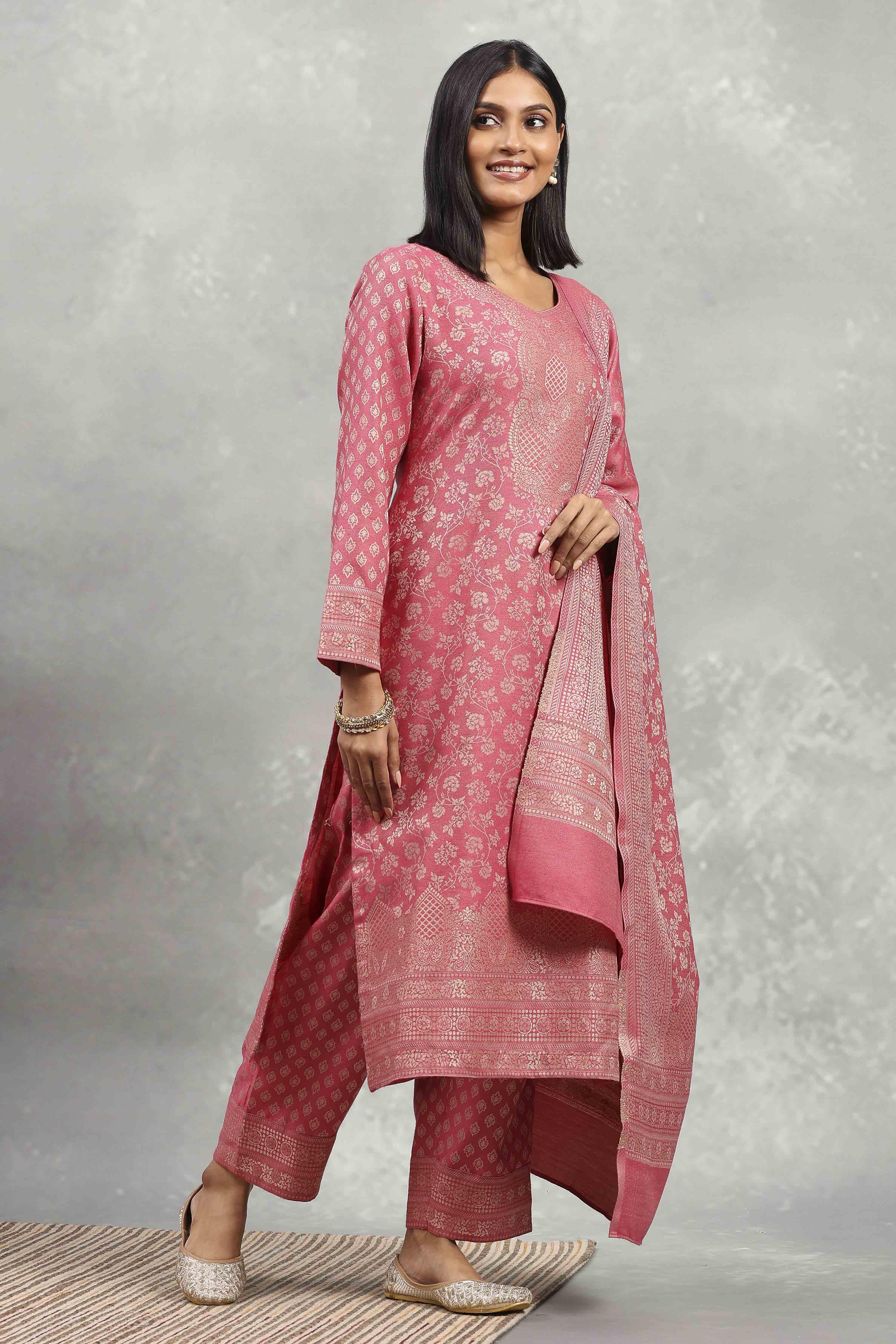 Coral Polyester Yarndyed Straight Suit Set image number 5