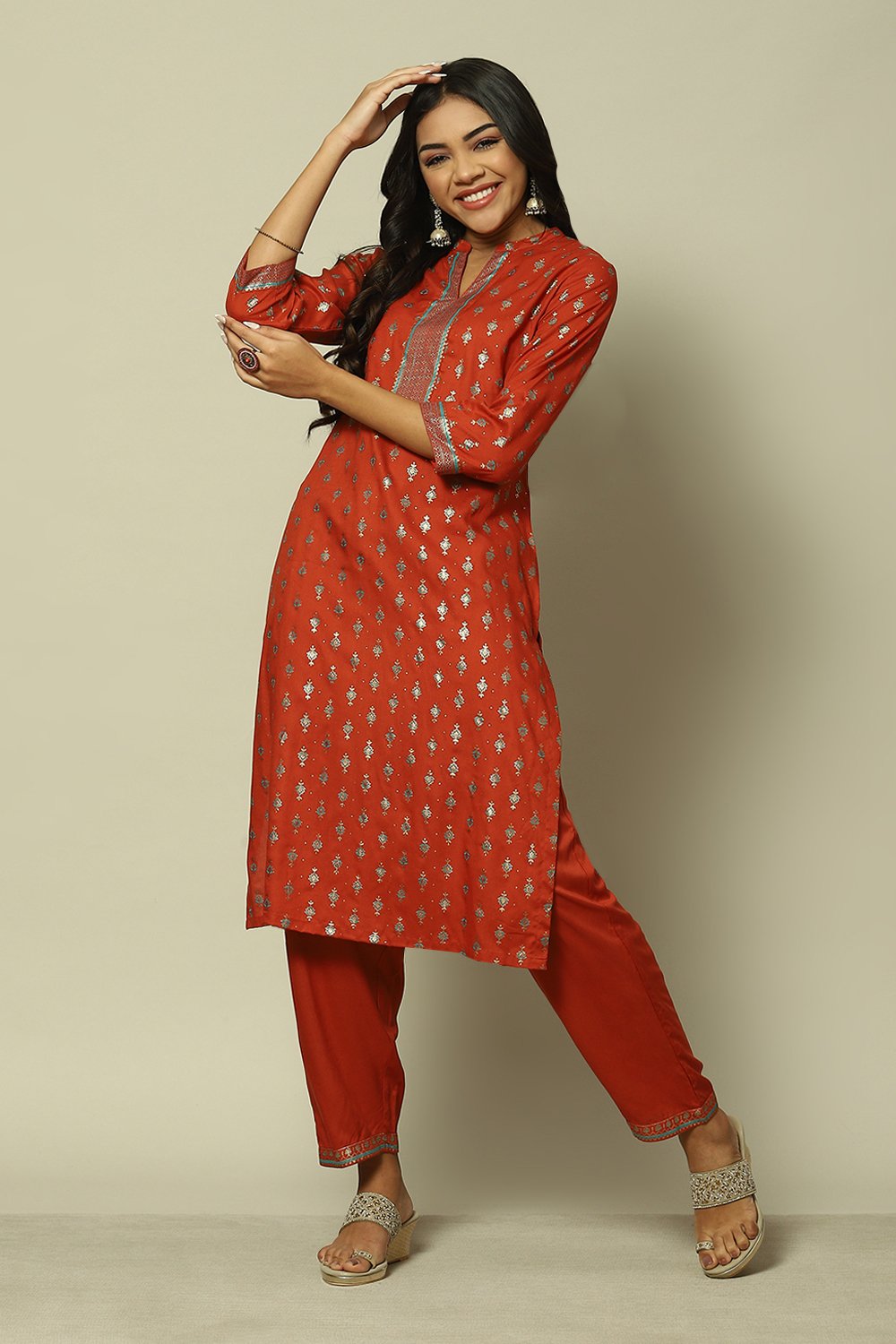 Pink LIVA Straight Printed Kurta Palazzo Suit Set image number 0