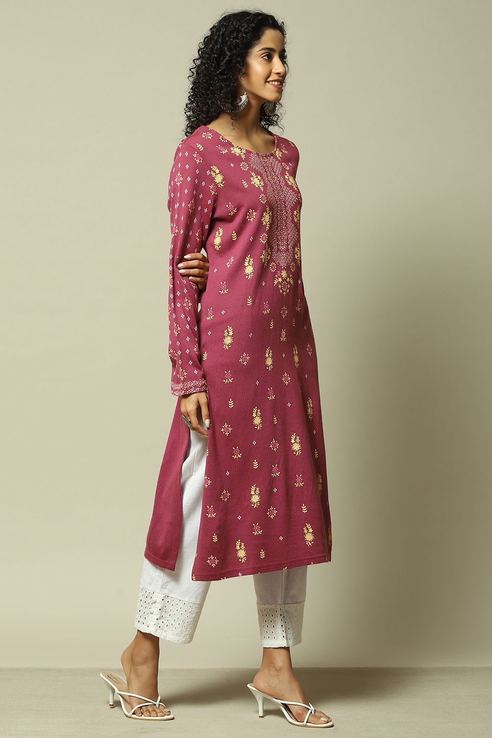 Dusky Pink Acrylic Straight Printed Kurta image number 4