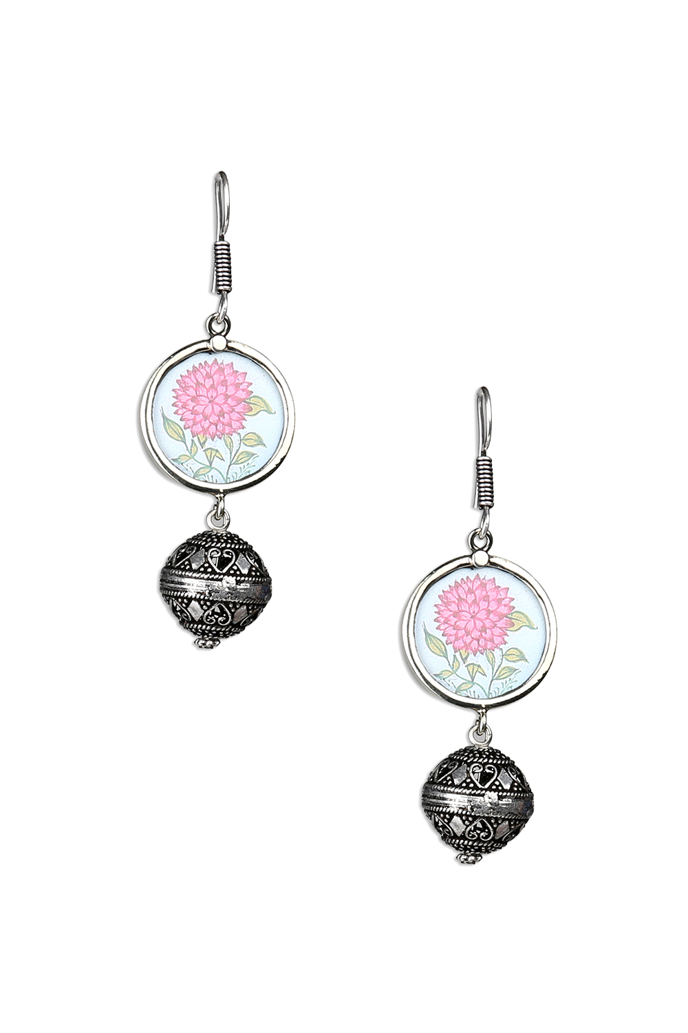 Handpainted Floral Pink Earrings With Filigree Beads image number 1
