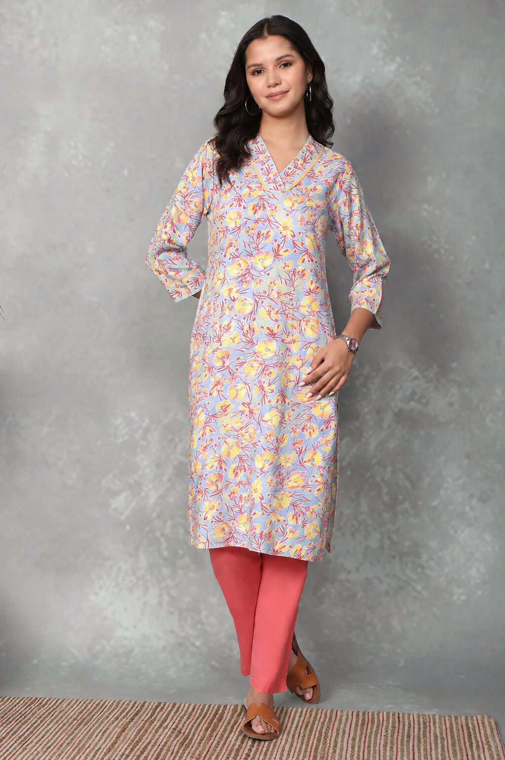 Lavender Printed Straight Kurta image number 0