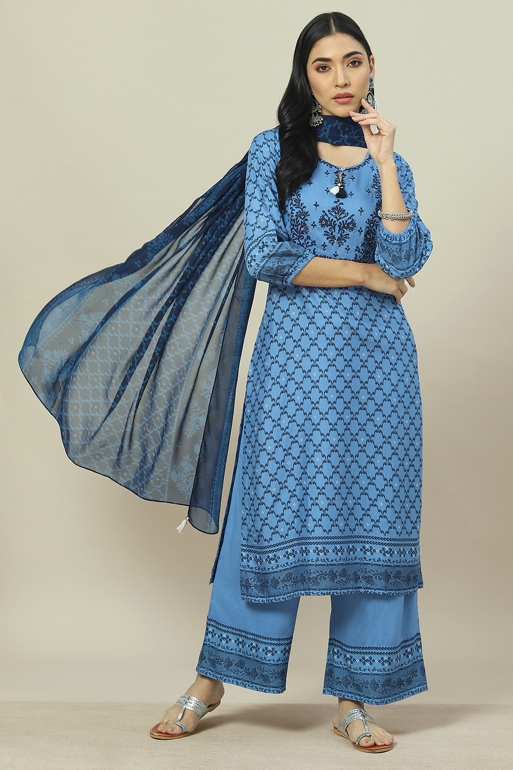 Blue LIVA Woven Straight Kurta Suit Set image number 0