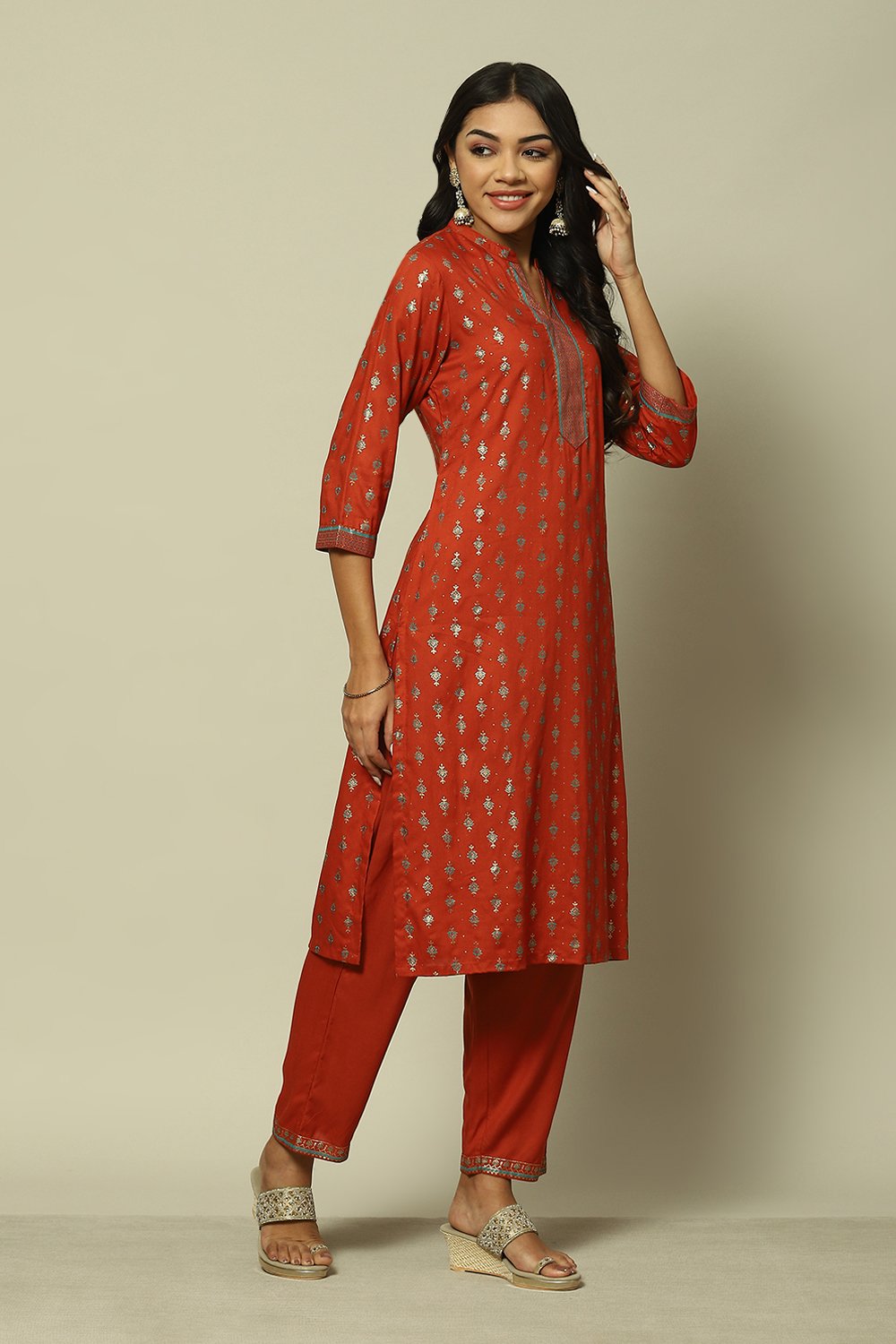 Pink LIVA Straight Printed Kurta Palazzo Suit Set image number 5