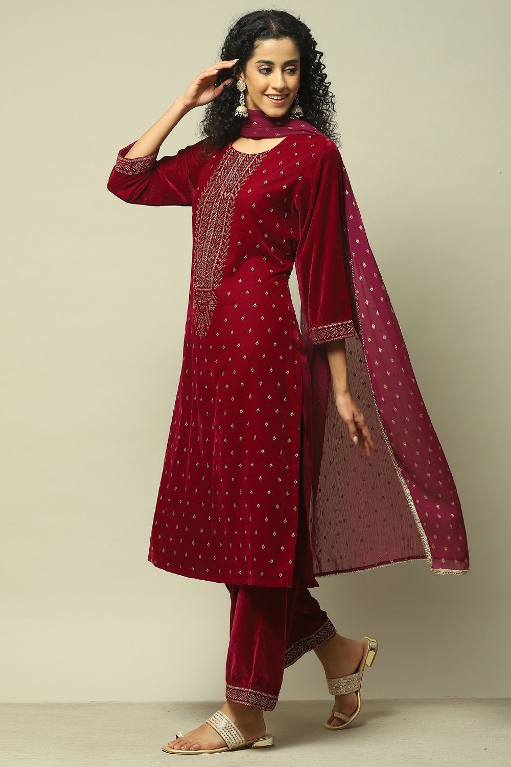 Wine Polyester Straight Printed Kurta Palazzo Suit Set image number 4