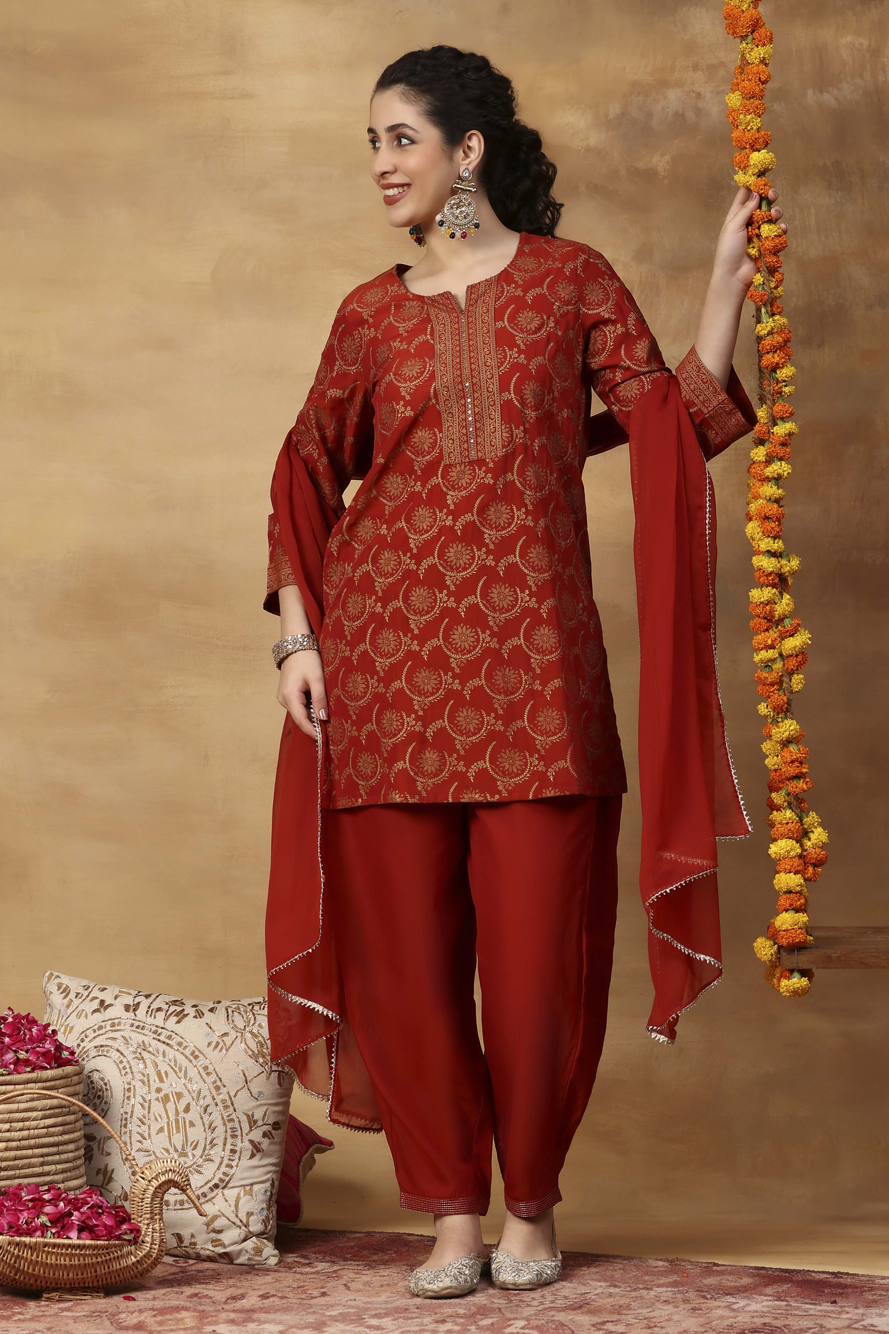 Orange Printed Poly Viscose Straight Kurta Set image number 6