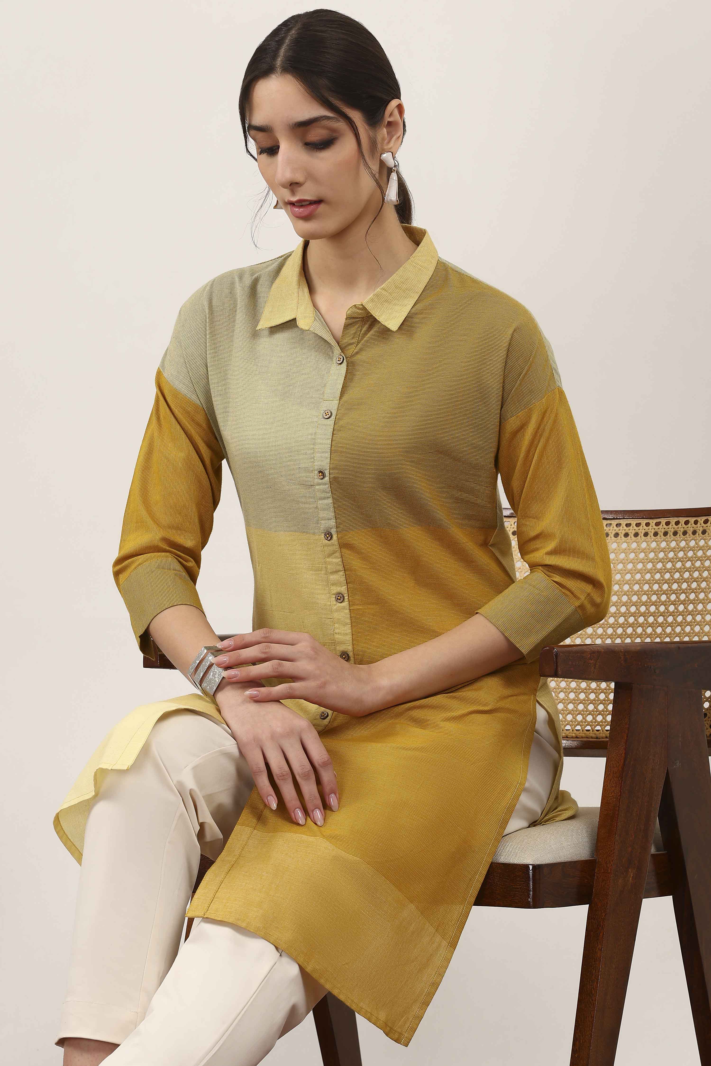 Yellow Cotton Straight Kurtas image number 6
