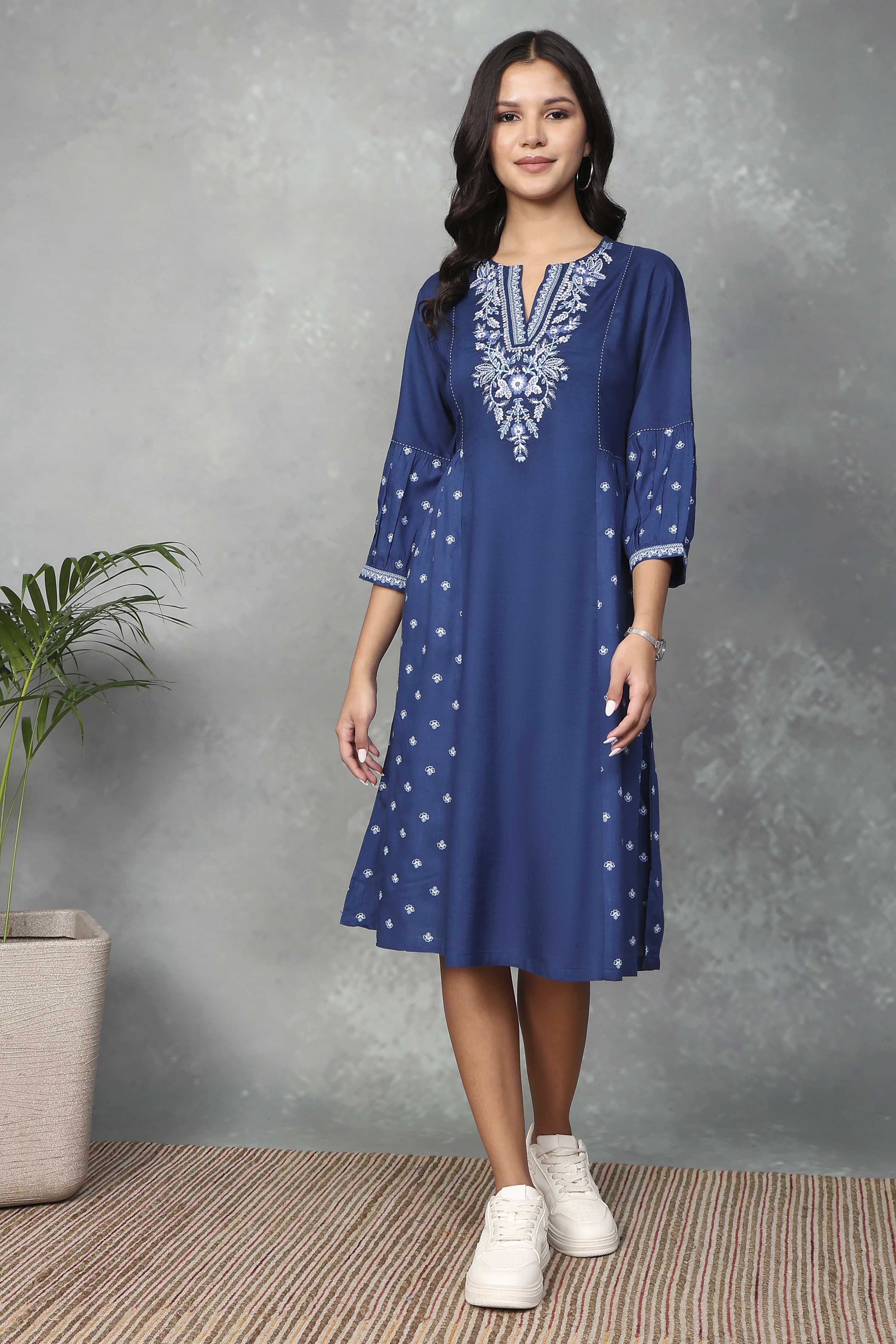 Blue Rayon A-Line Dresses image number 5
