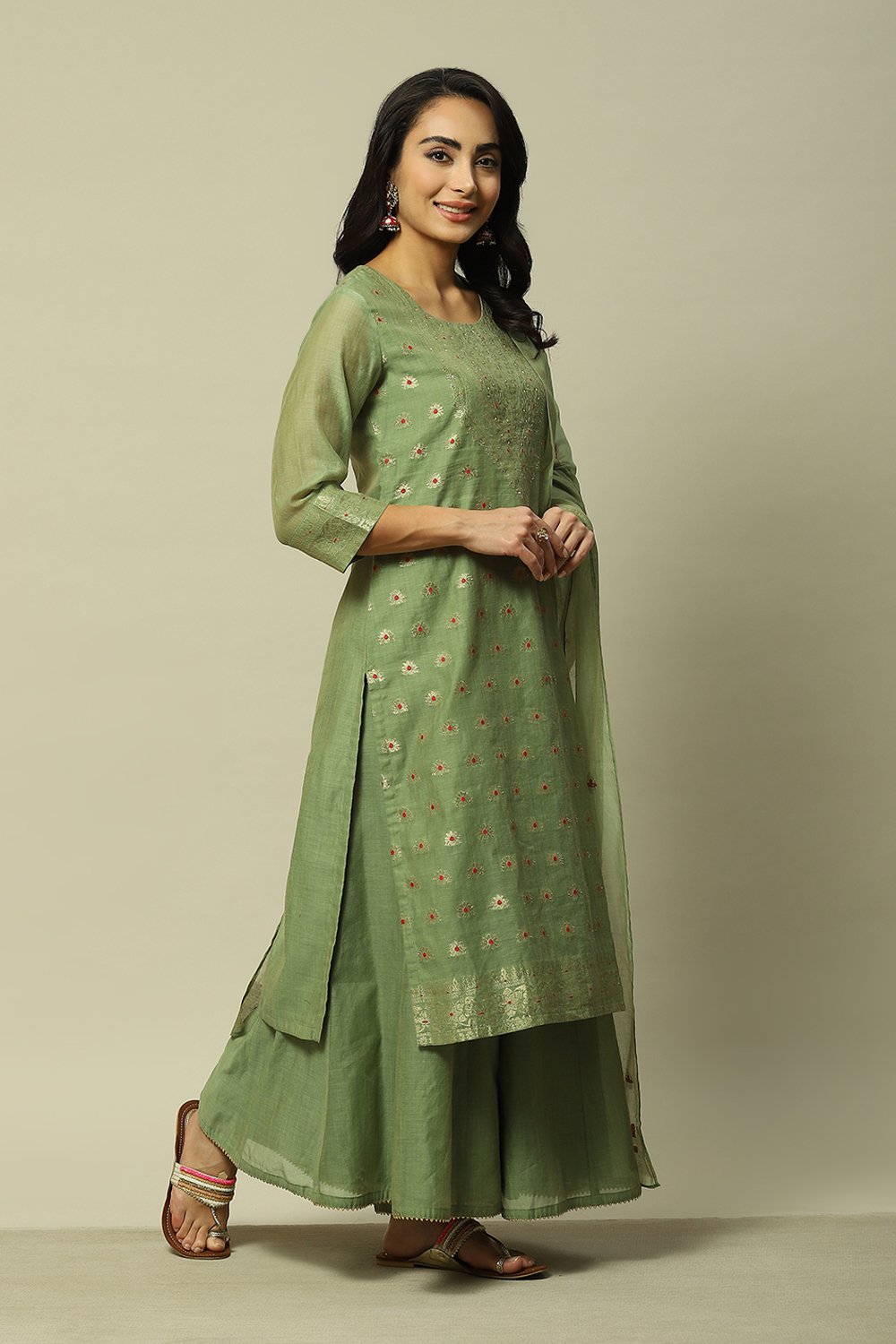 Green Polyester Straight Yarndyed Kurta Palazzo Suit Set image number 6