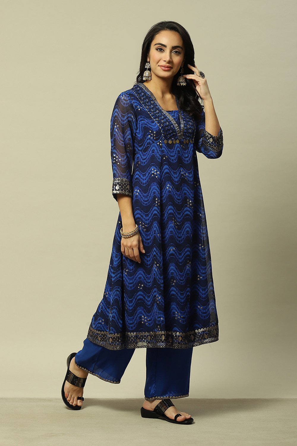 Coblt Blue LIVA Anarkali Printed Kurta Palazzo Suit Set image number 5