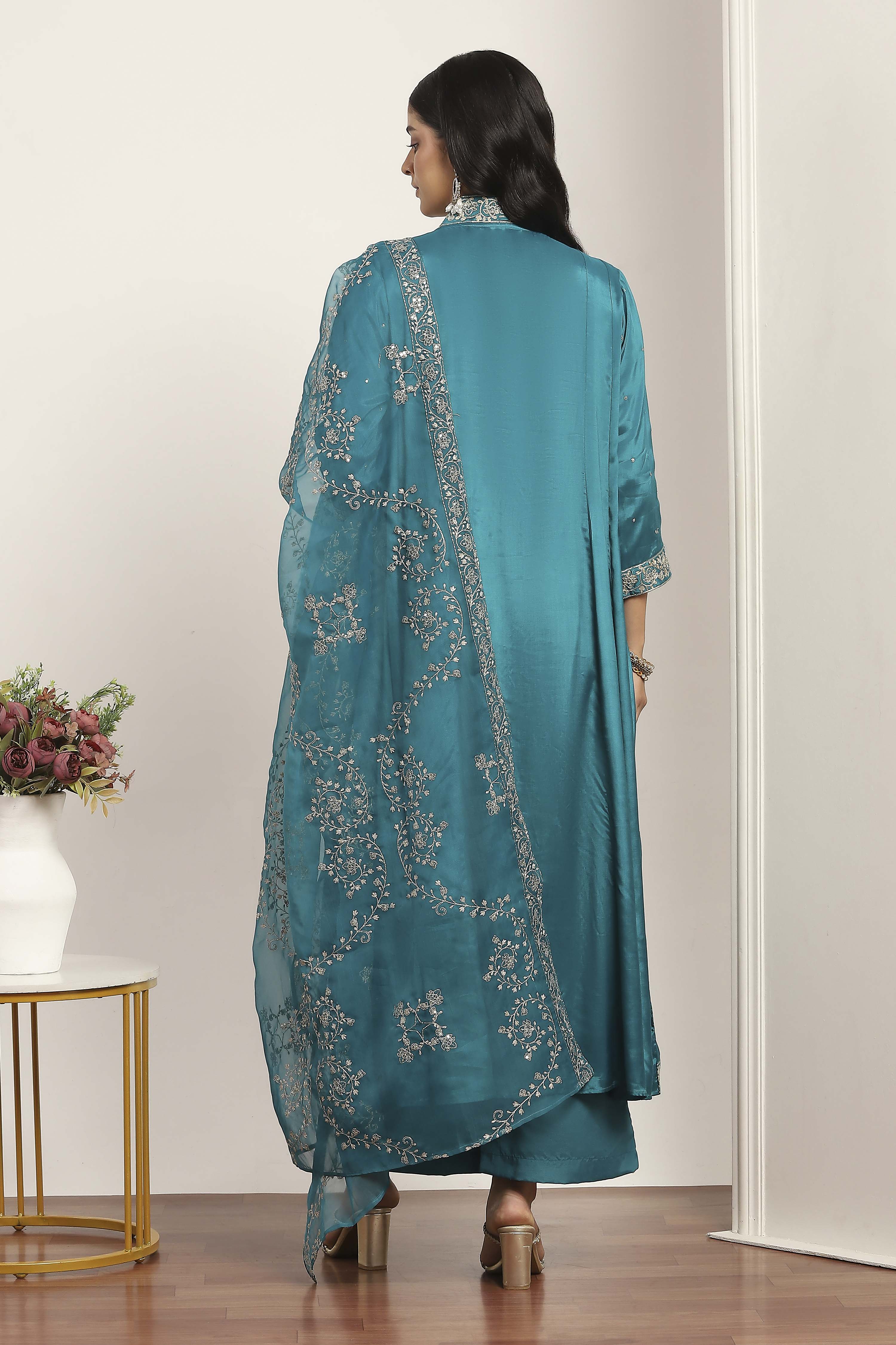 Teal Viscose Rayon Kalidar Suit Set image number 4